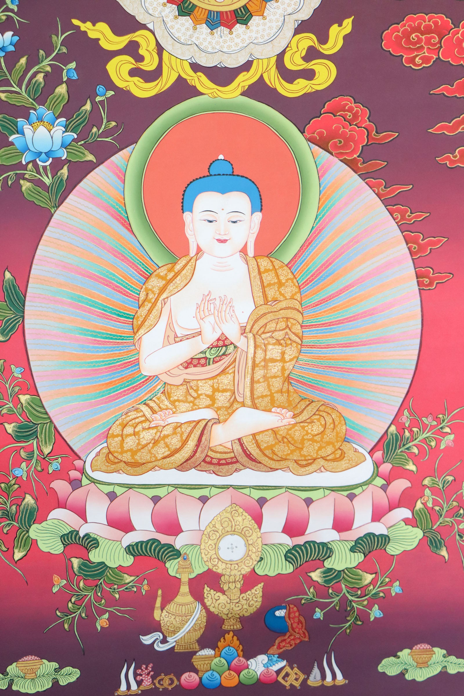 Vairocana Buddha is a revered figure in Tibetan Buddhism, a spiritual artwork, symbolizing his enlightenment and the dharma's illuminating power.