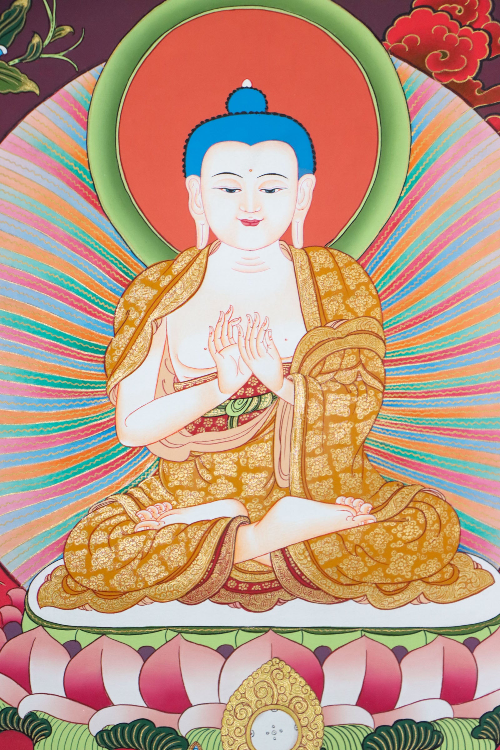 Vairocana Buddha is a revered figure in Tibetan Buddhism, a spiritual artwork, symbolizing his enlightenment and the dharma's illuminating power.