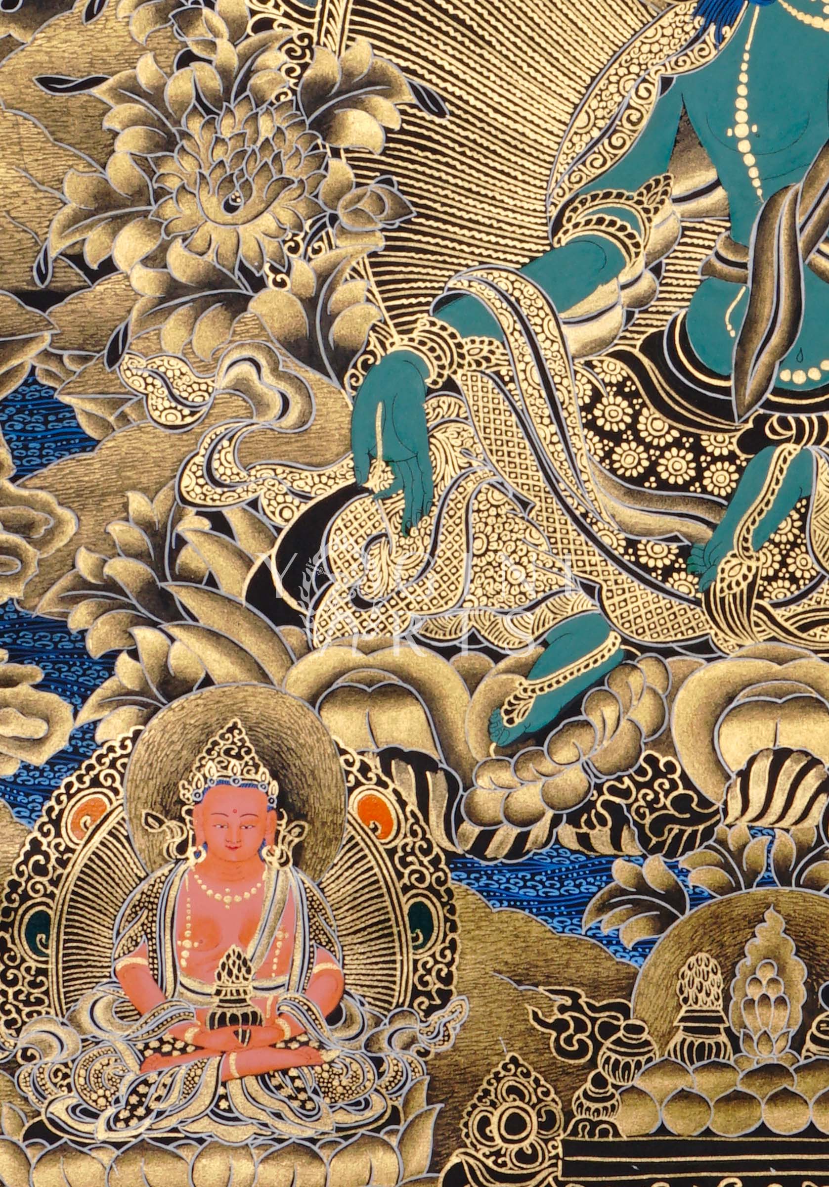 Black and Gold Green Tara thangka featuring the Buddhist goddess seated on a lotus throne surrounded by golden floral motifs and celestial figures