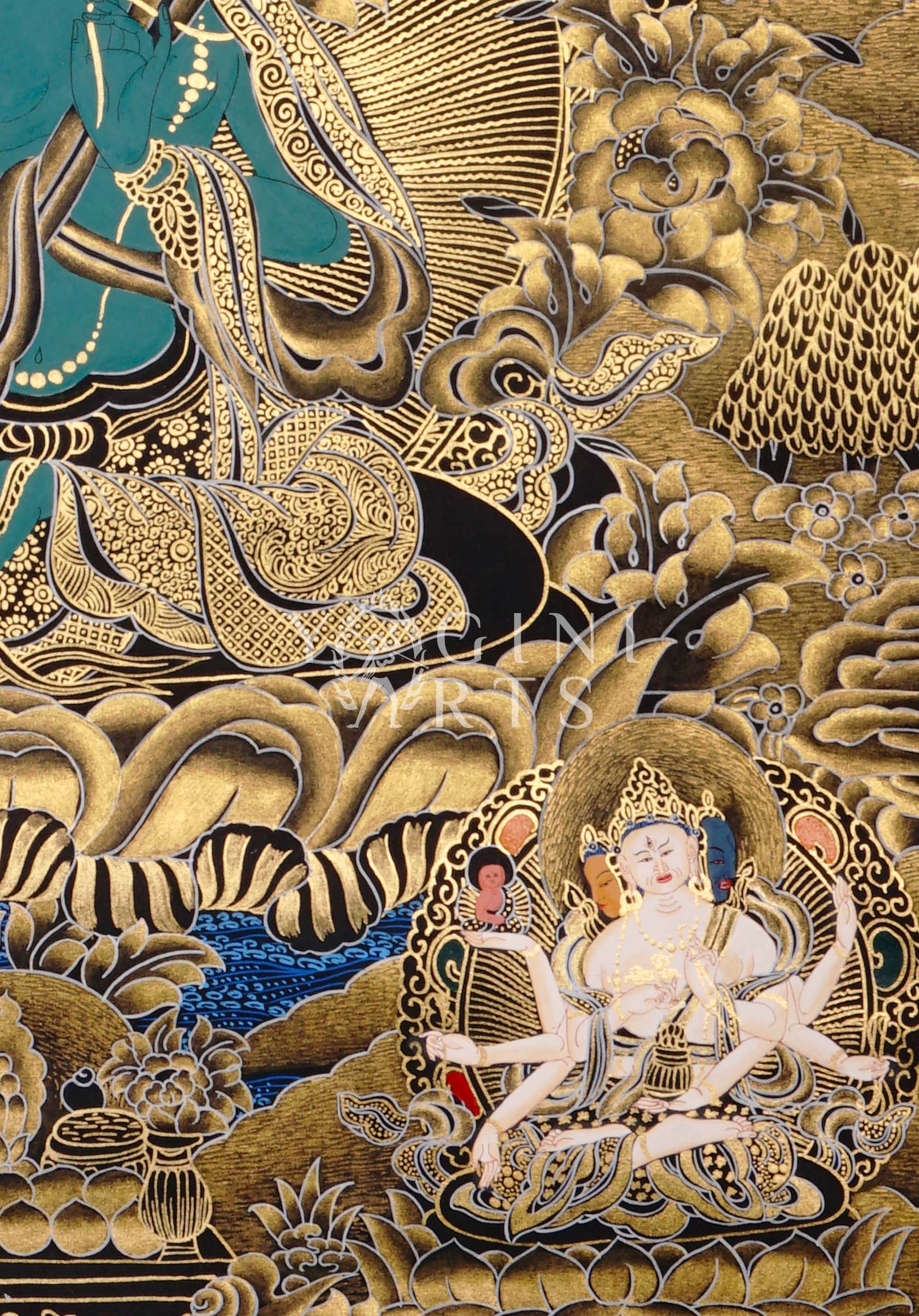 Black and Gold Green Tara thangka featuring the Buddhist goddess seated on a lotus throne surrounded by golden floral motifs and celestial figures