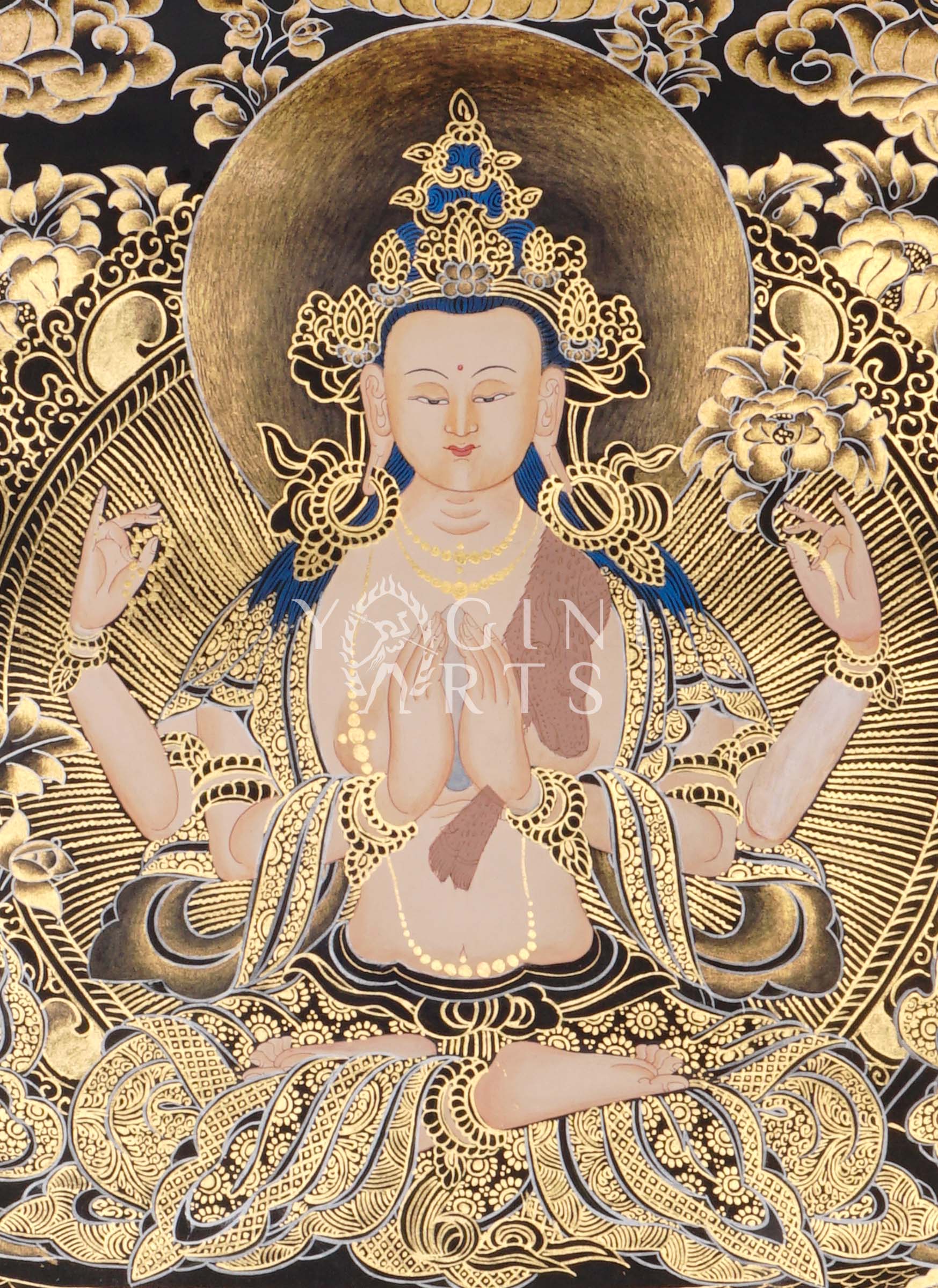 Black and Gold Chenrezig thangka featuring four-armed Avalokiteshvara seated on a lotus throne surrounded by intricate golden floral motifs and celestial Buddhas