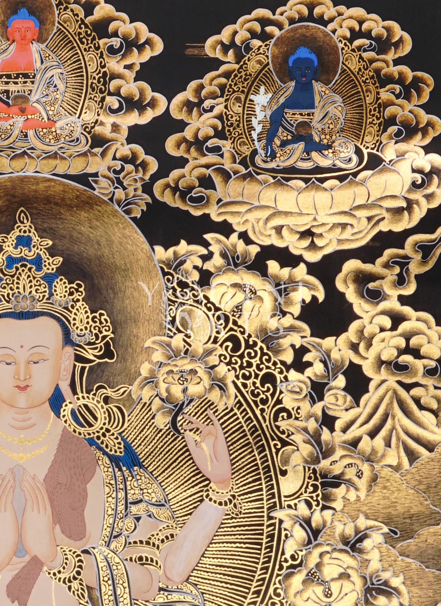 Black and Gold Chenrezig thangka featuring four-armed Avalokiteshvara seated on a lotus throne surrounded by intricate golden floral motifs and celestial Buddhas