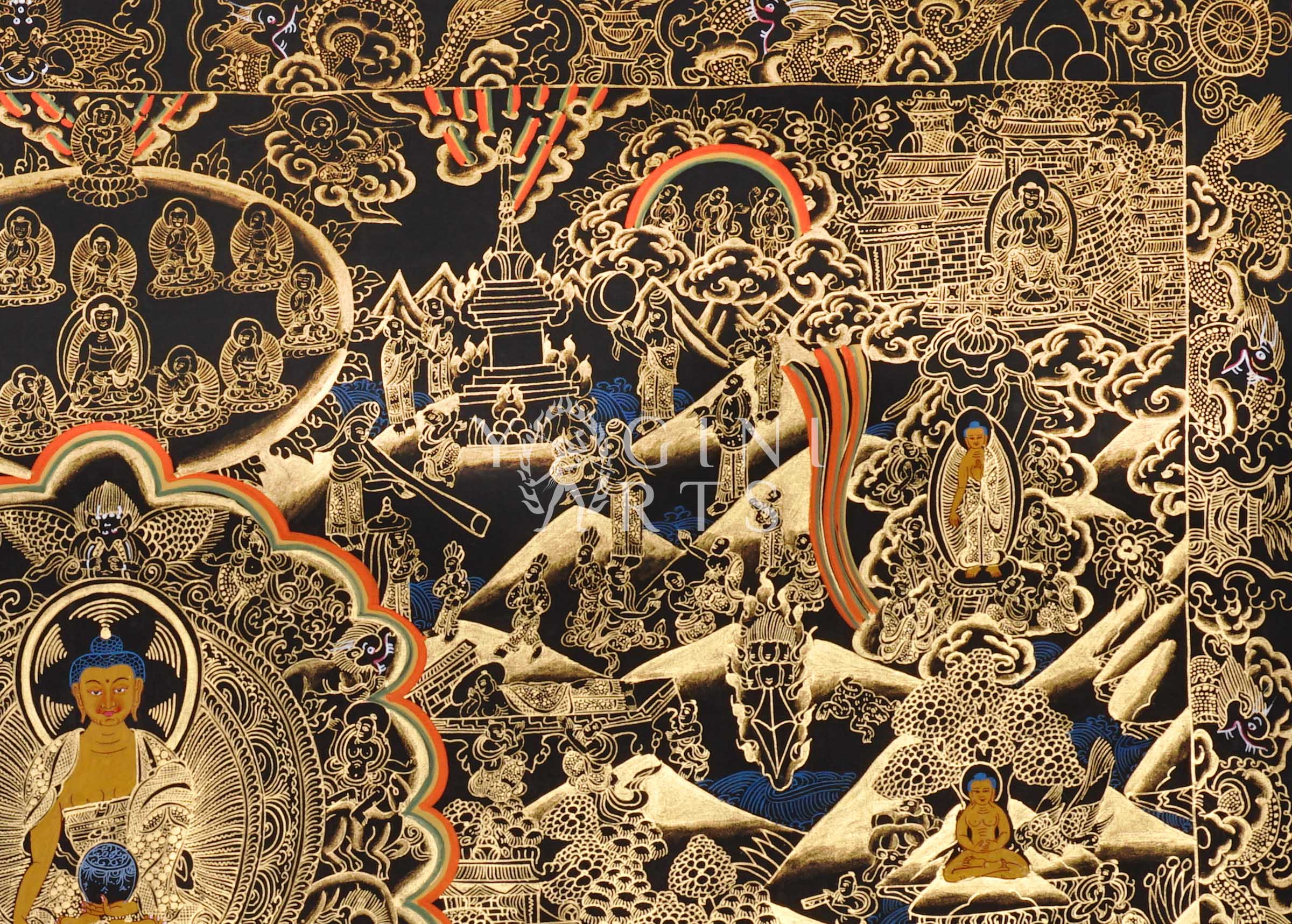 Black and Gold Buddha Life thangka featuring the historical Buddha surrounded by intricate narrative scenes, stupas, sacred landscapes, and celestial Buddhist imagery