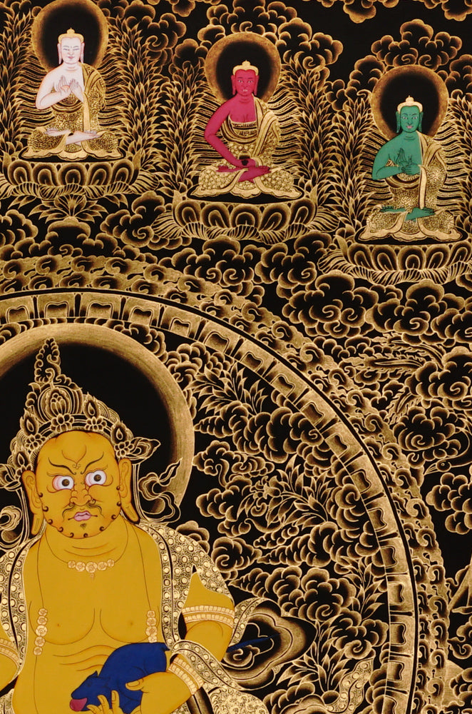 Hand-painted Yellow Dzambhala thangka in gold on black style showing Tibetan wealth deity holding mongoose and citron with Five Dhyani Buddhas above.