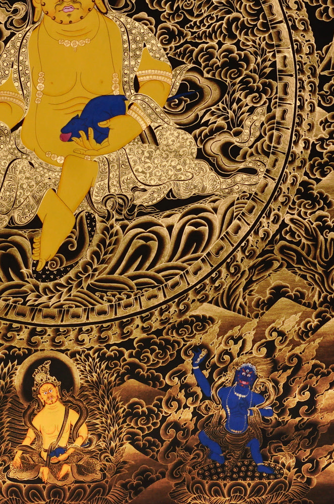 Hand-painted Yellow Dzambhala thangka in gold on black style showing Tibetan wealth deity holding mongoose and citron with Five Dhyani Buddhas above.