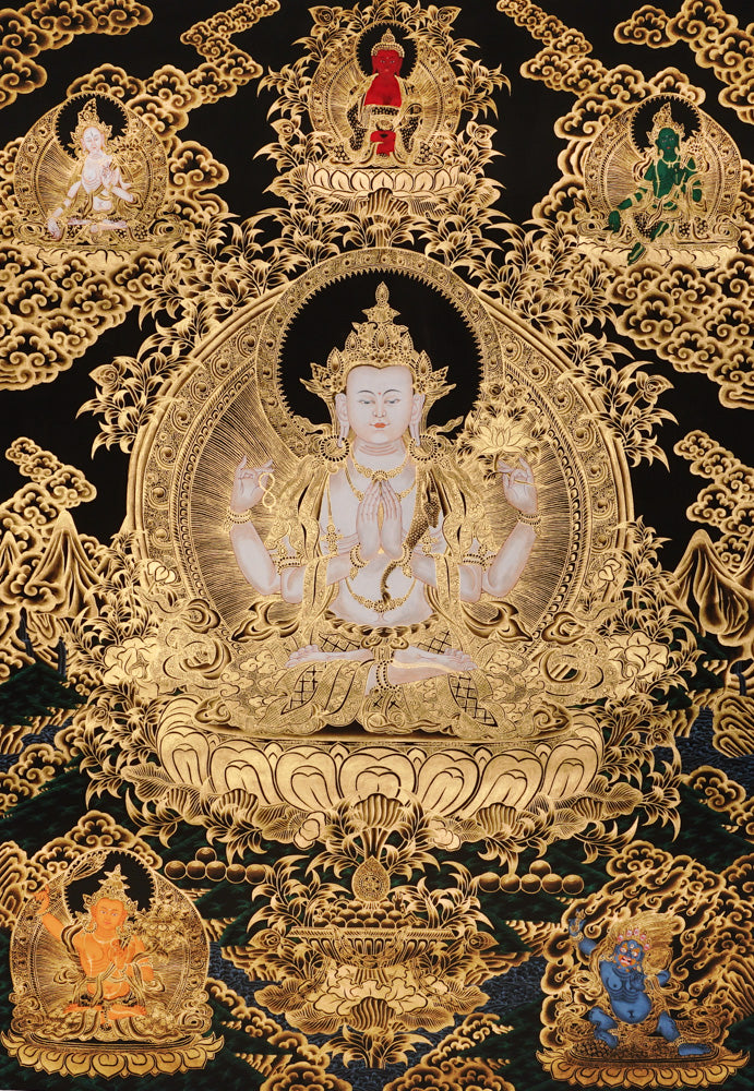 Hand-painted Chenrezig Avalokiteshvara thangka in gold on black style showing four-armed bodhisattva holding mala and lotus with Amitabha Buddha above.