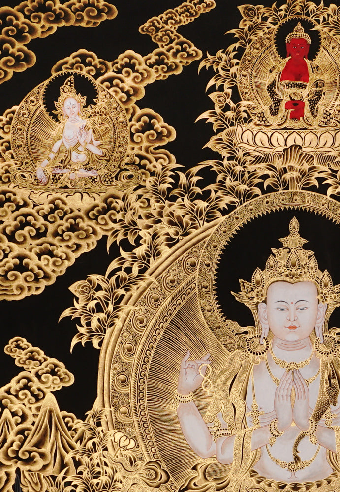 Hand-painted Chenrezig Avalokiteshvara thangka in gold on black style showing four-armed bodhisattva holding mala and lotus with Amitabha Buddha above.