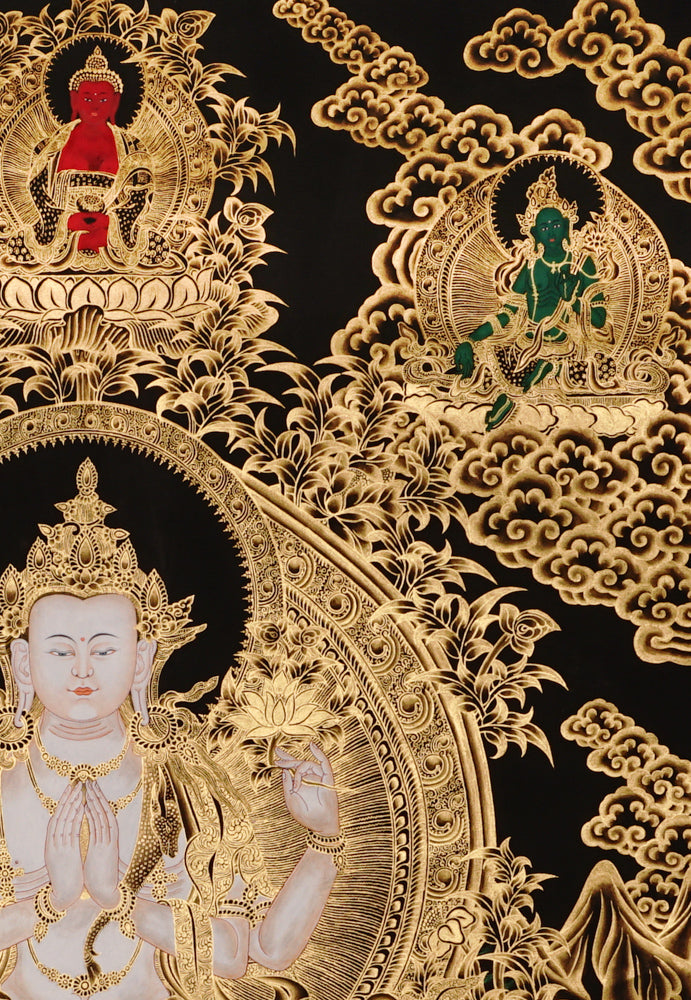 Hand-painted Chenrezig Avalokiteshvara thangka in gold on black style showing four-armed bodhisattva holding mala and lotus with Amitabha Buddha above.