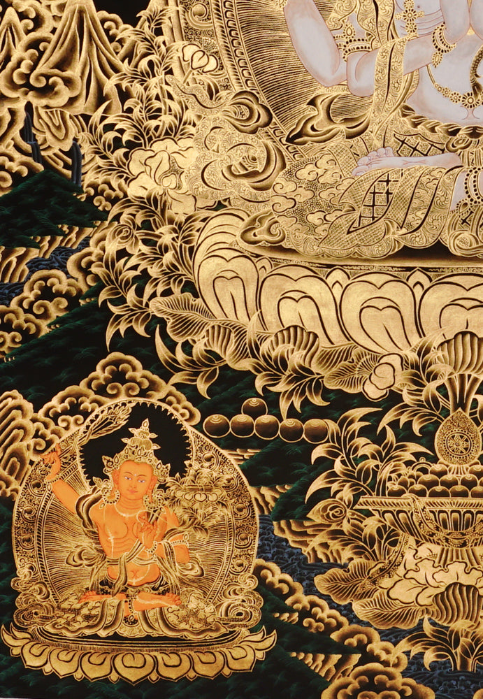 Hand-painted Chenrezig Avalokiteshvara thangka in gold on black style showing four-armed bodhisattva holding mala and lotus with Amitabha Buddha above.