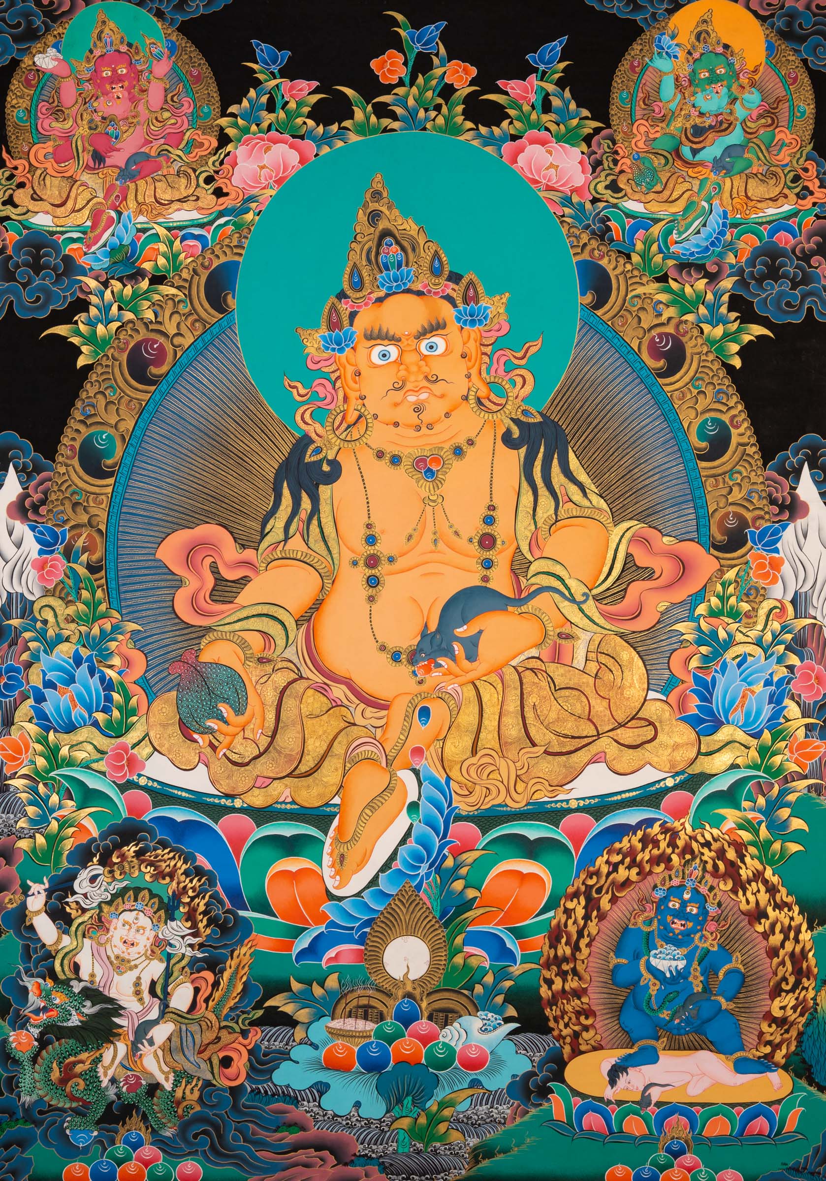 Zambala thangka painting showing a golden seated figure with wide eyes and ornate jewelry, positioned on a lotus base, surrounded by floral patterns, clouds, and multiple smaller seated figures above and below against a dark background.
