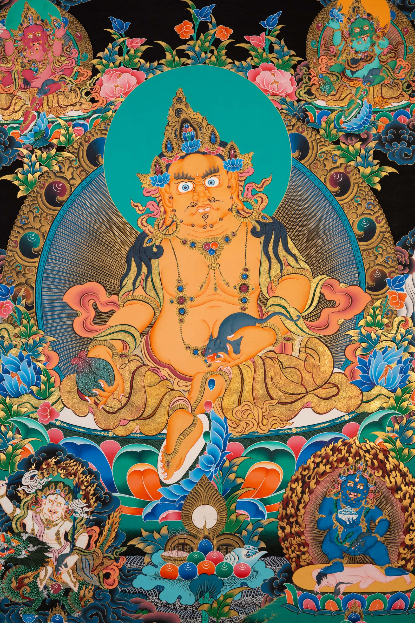 Zambala thangka painting showing a golden seated figure with wide eyes and ornate jewelry, positioned on a lotus base, surrounded by floral patterns, clouds, and multiple smaller seated figures above and below against a dark background.