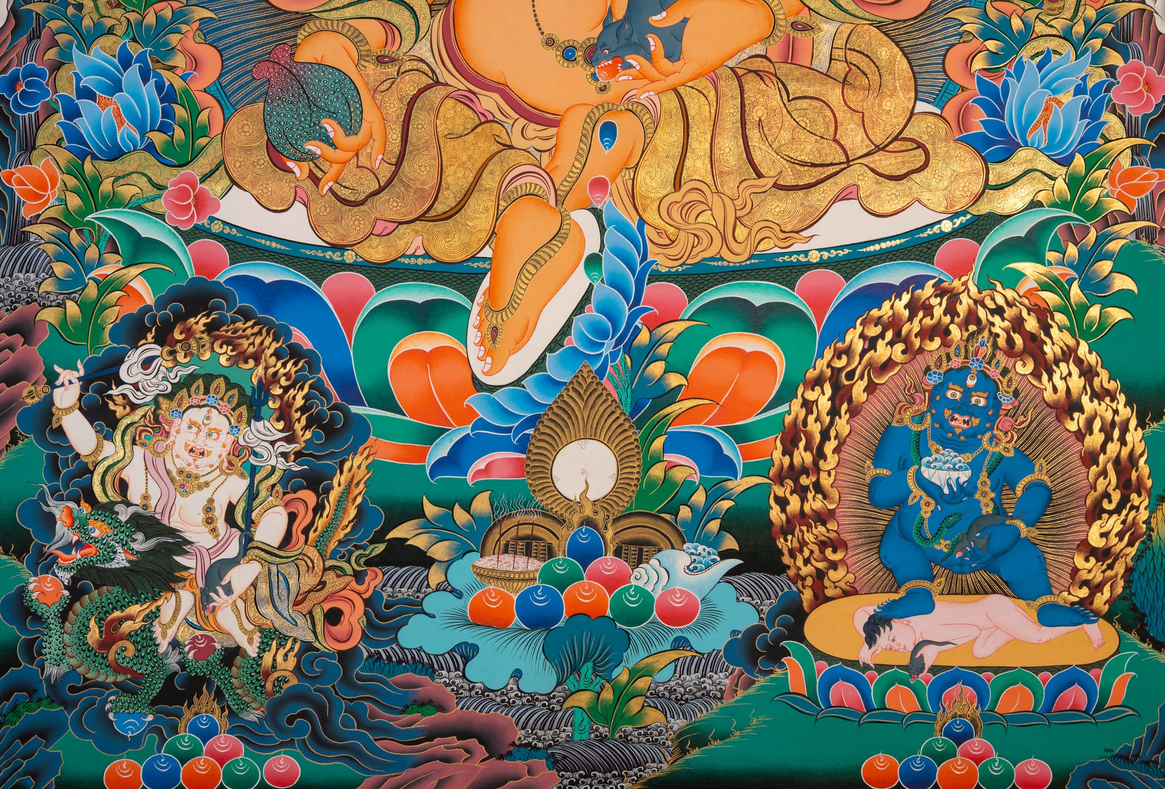 Zambala thangka painting showing a golden seated figure with wide eyes and ornate jewelry, positioned on a lotus base, surrounded by floral patterns, clouds, and multiple smaller seated figures above and below against a dark background.
