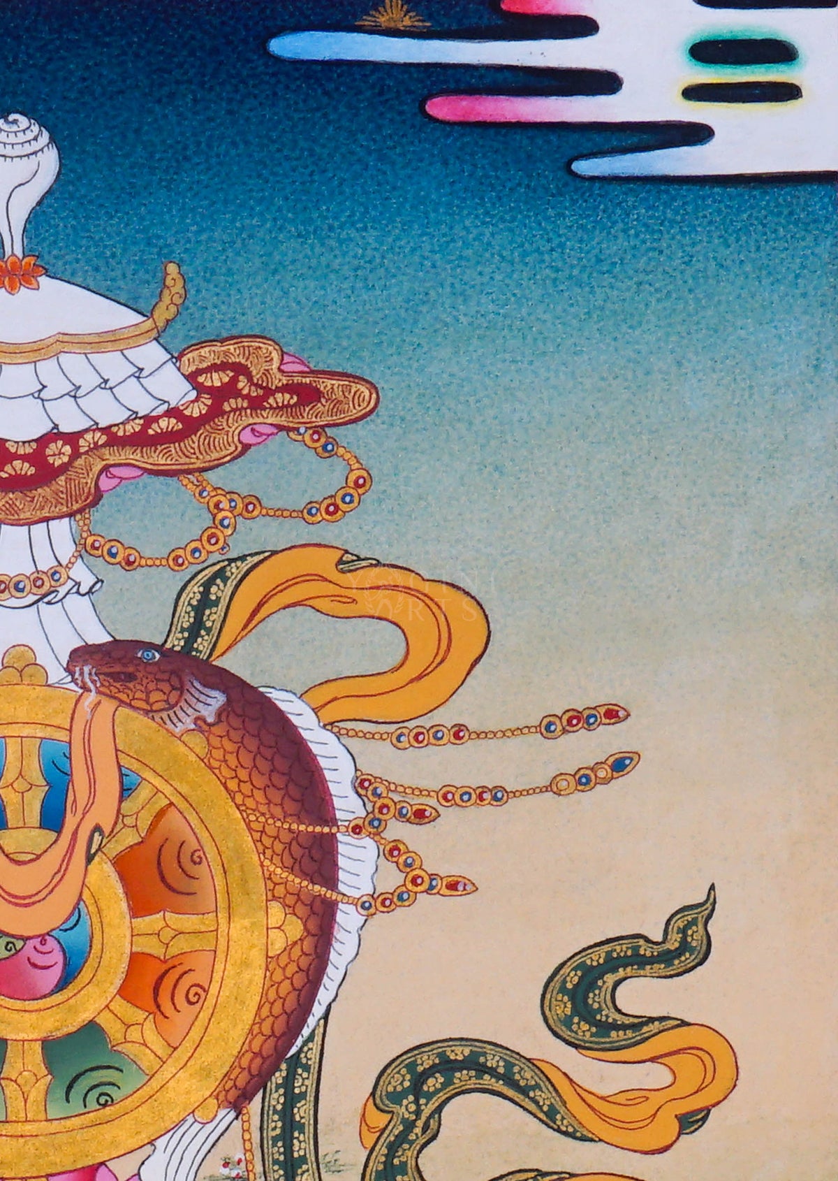 Ashtamangala Buddhist Thangka painting with an ornate golden Dharma Wheel, decorative parasol, and lotus pedestal