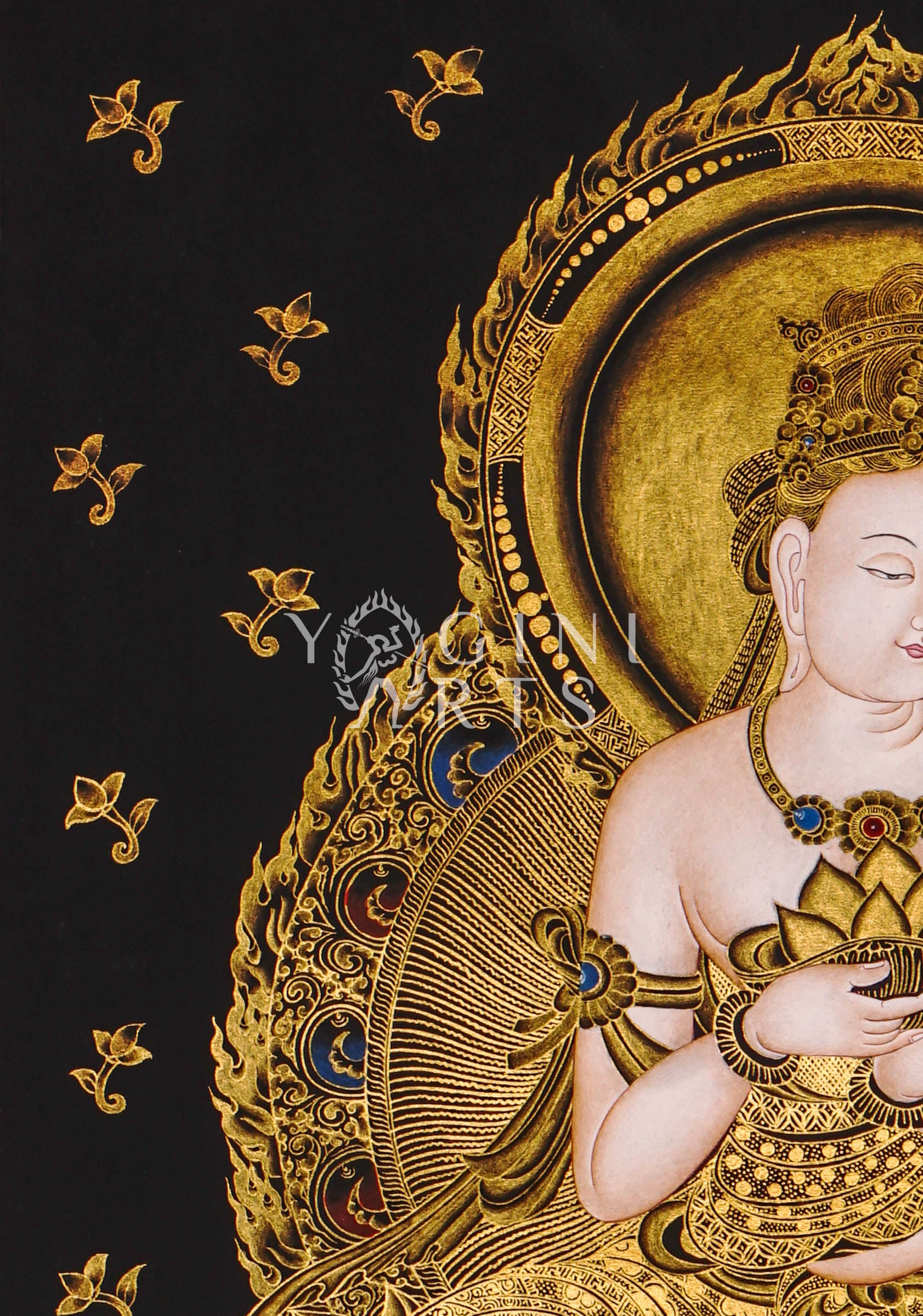 Hand-painted Japanese Buddha thangka in gold on black canvas featuring a serene Buddha seated on a lotus throne holding a lotus flower