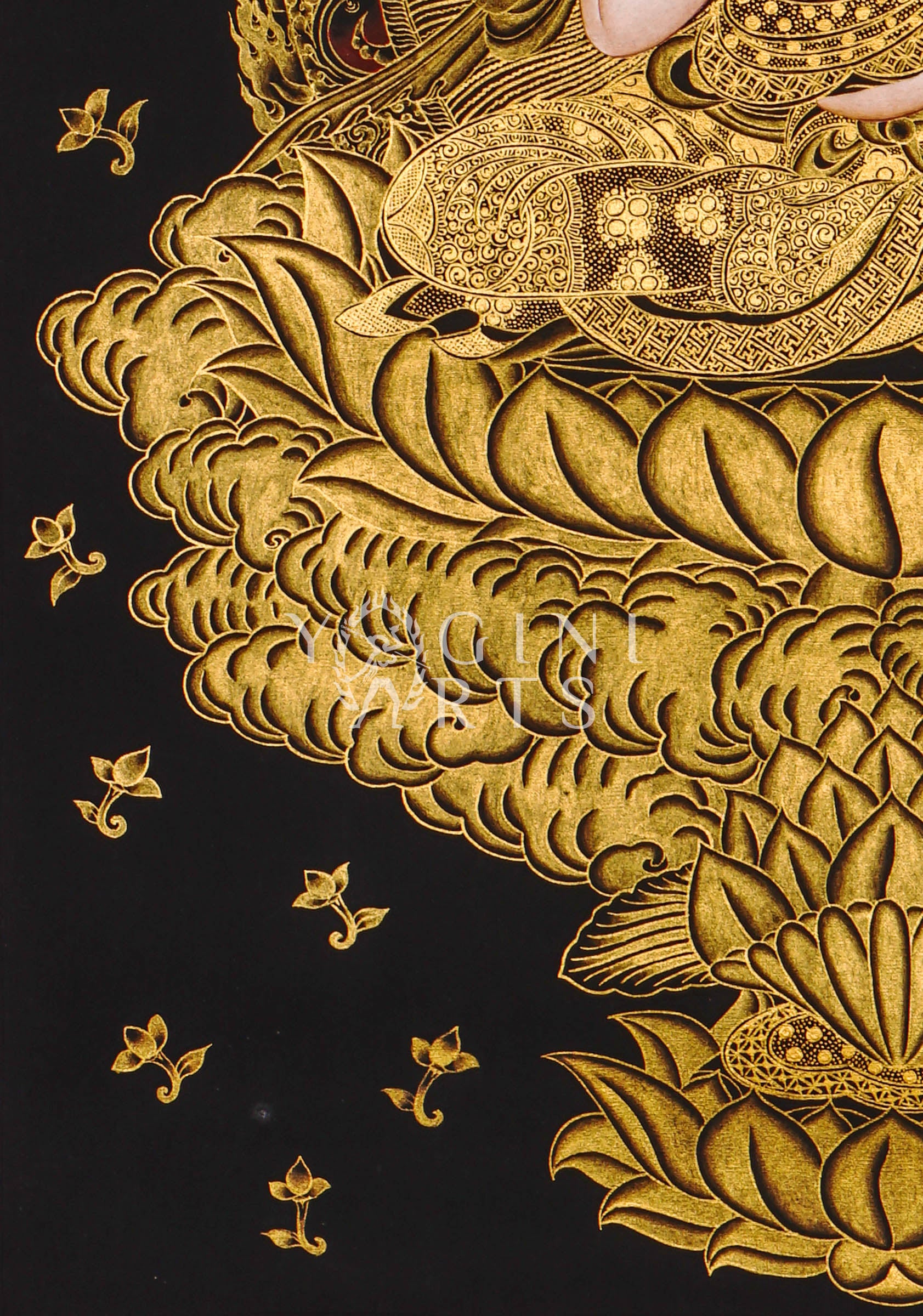 Hand-painted Japanese Buddha thangka in gold on black canvas featuring a serene Buddha seated on a lotus throne holding a lotus flower