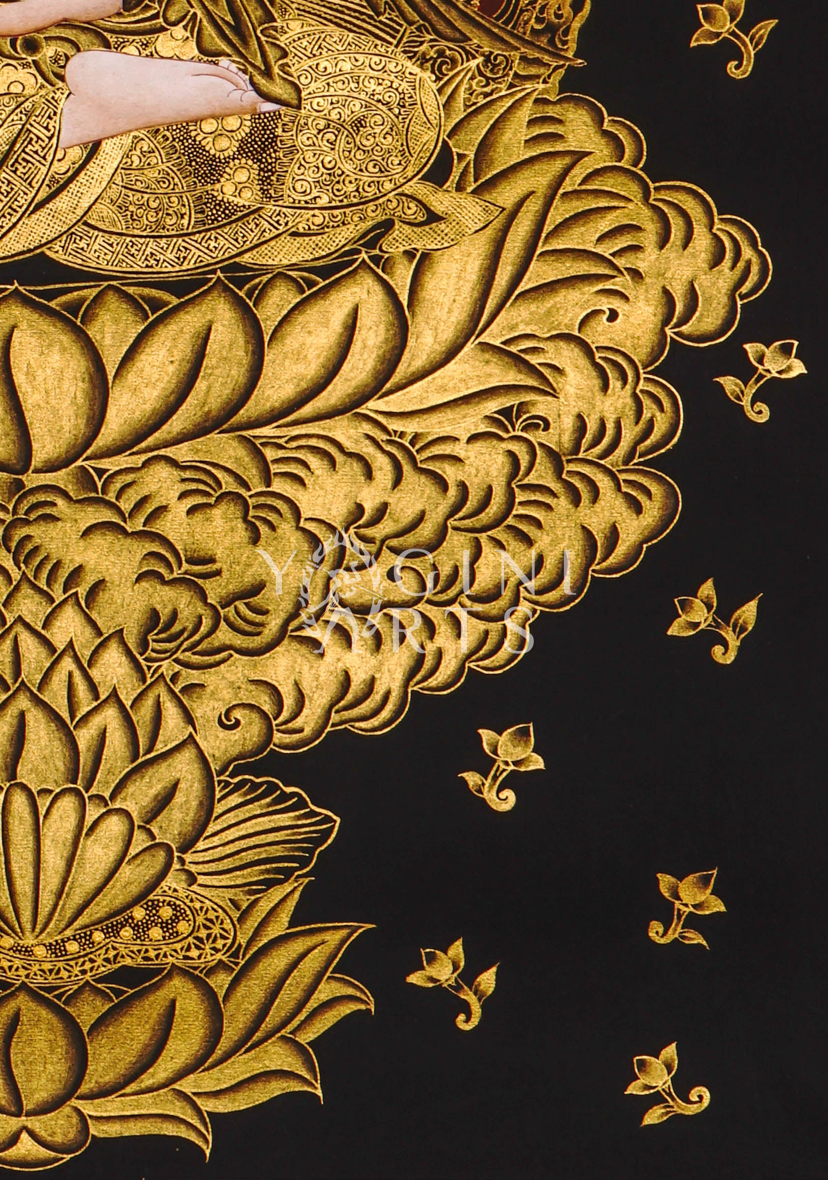 Hand-painted Japanese Buddha thangka in gold on black canvas featuring a serene Buddha seated on a lotus throne holding a lotus flower