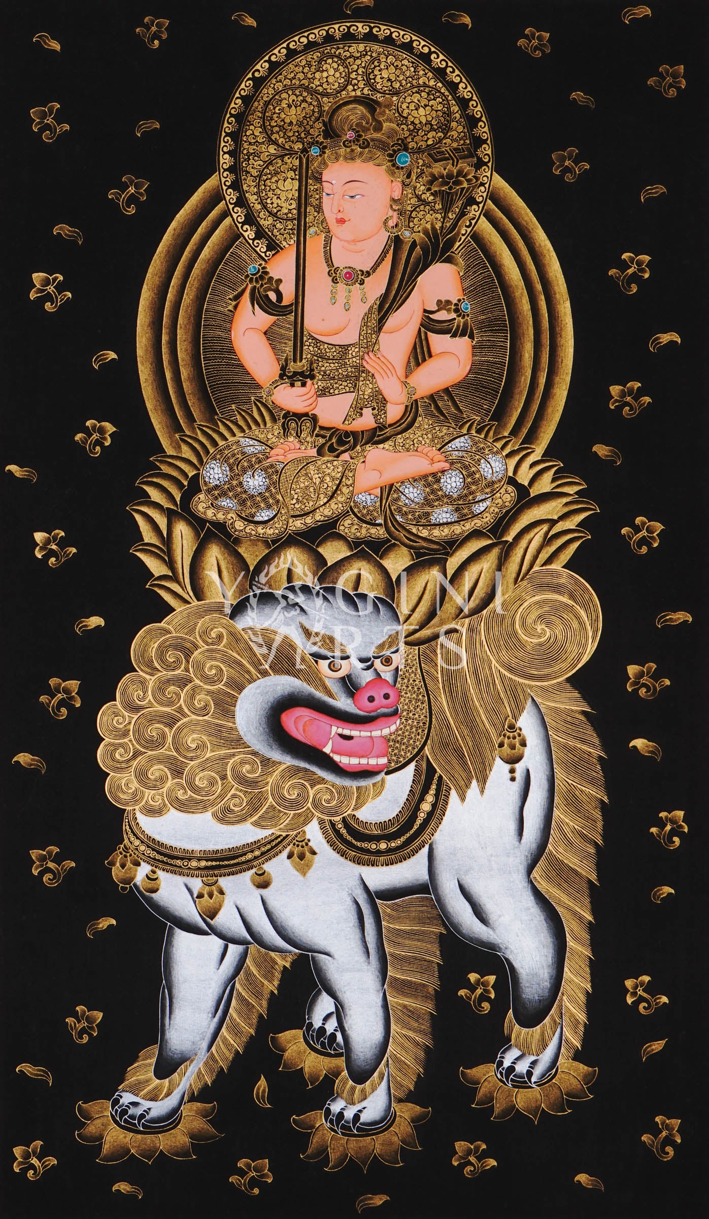 Hand-painted Manjushri thangka in gold on black canvas featuring the Buddhist wisdom deity seated on a snow lion holding a flaming sword and lotus scripture