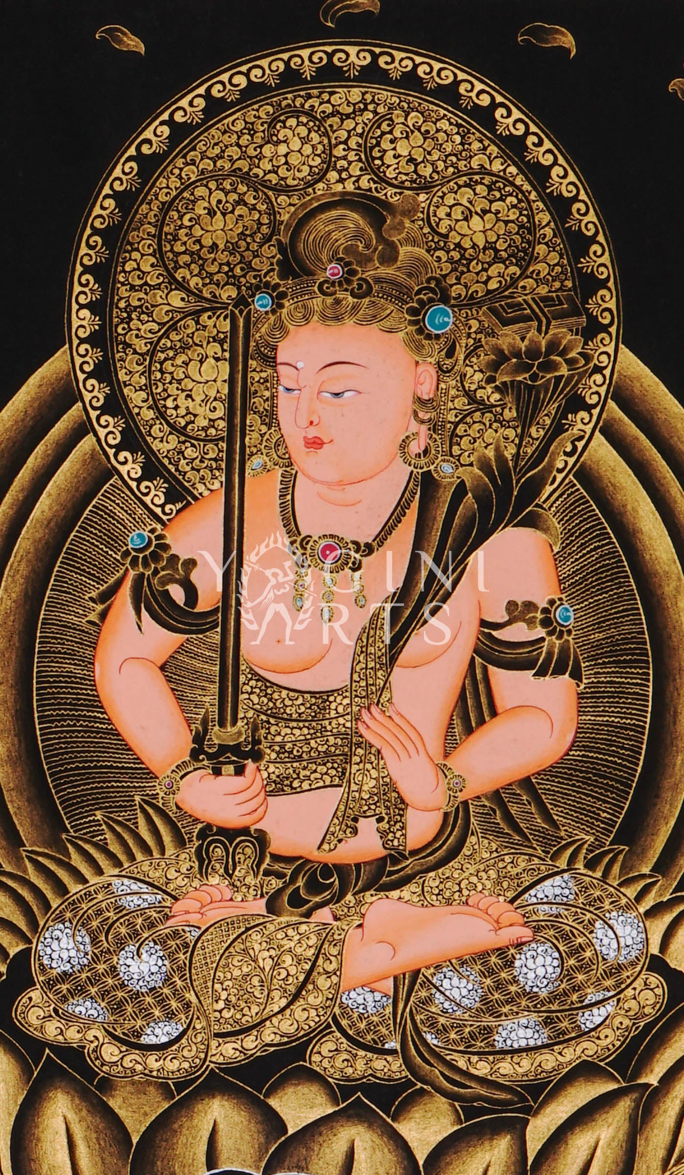 Hand-painted Manjushri thangka in gold on black canvas featuring the Buddhist wisdom deity seated on a snow lion holding a flaming sword and lotus scripture