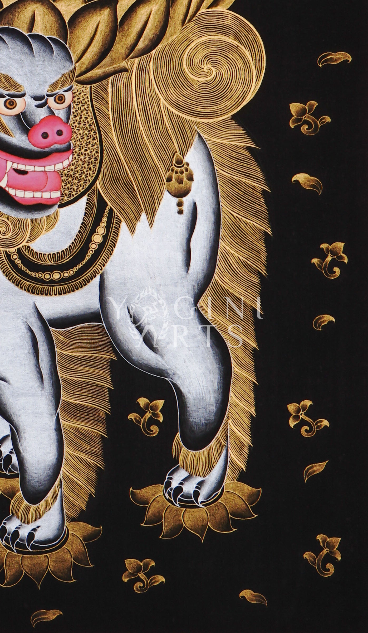 Hand-painted Manjushri thangka in gold on black canvas featuring the Buddhist wisdom deity seated on a snow lion holding a flaming sword and lotus scripture