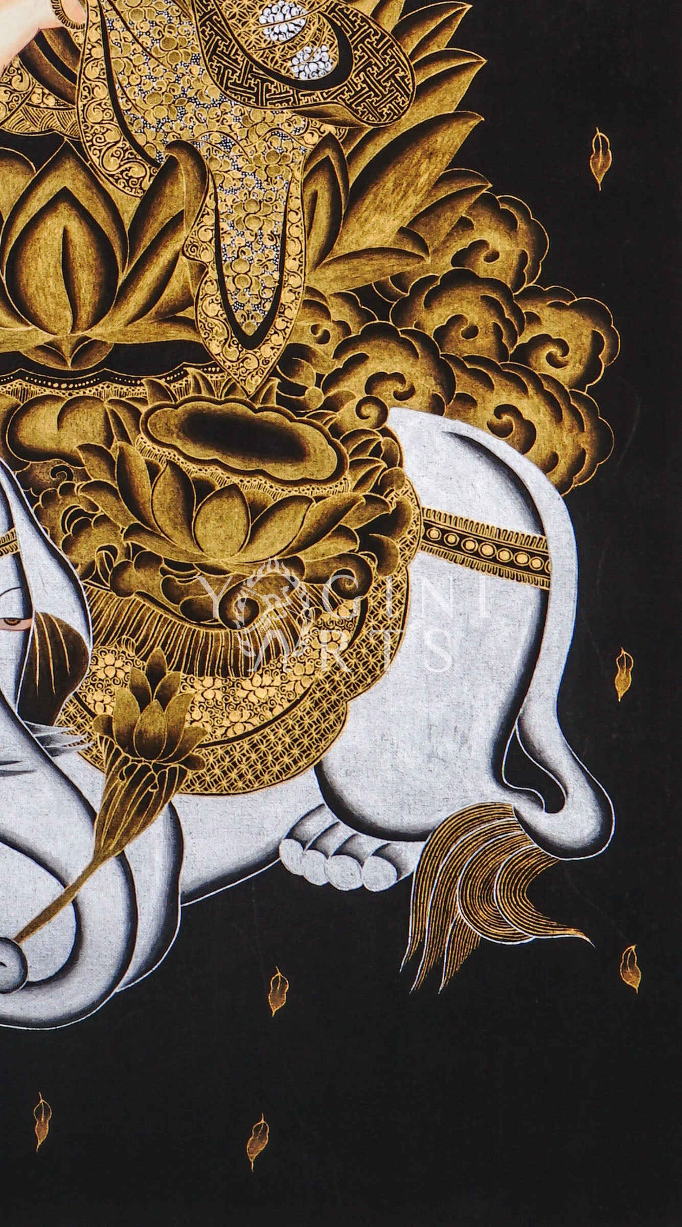 Hand-painted Samantabhadra thangka in gold on black canvas featuring the Buddhist bodhisattva seated on a white elephant with hands in prayer gesture