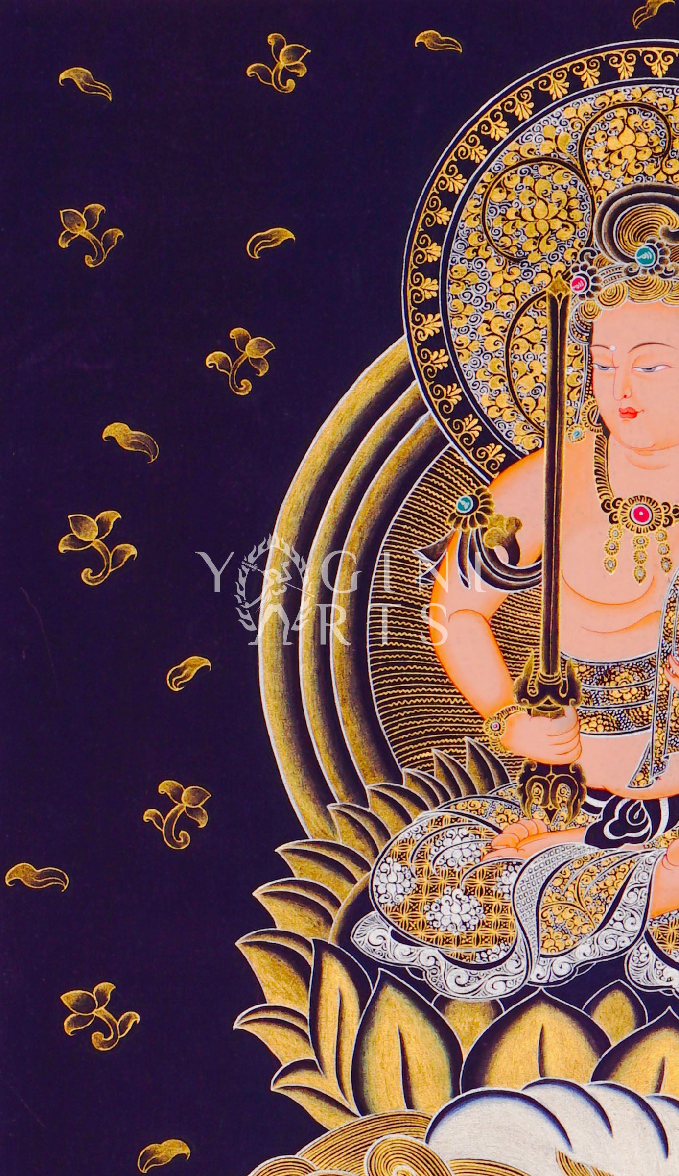 Hand-painted Manjushri on snow lion thangka in gold on black canvas featuring the Buddhist wisdom deity holding a flaming sword and lotus scripture