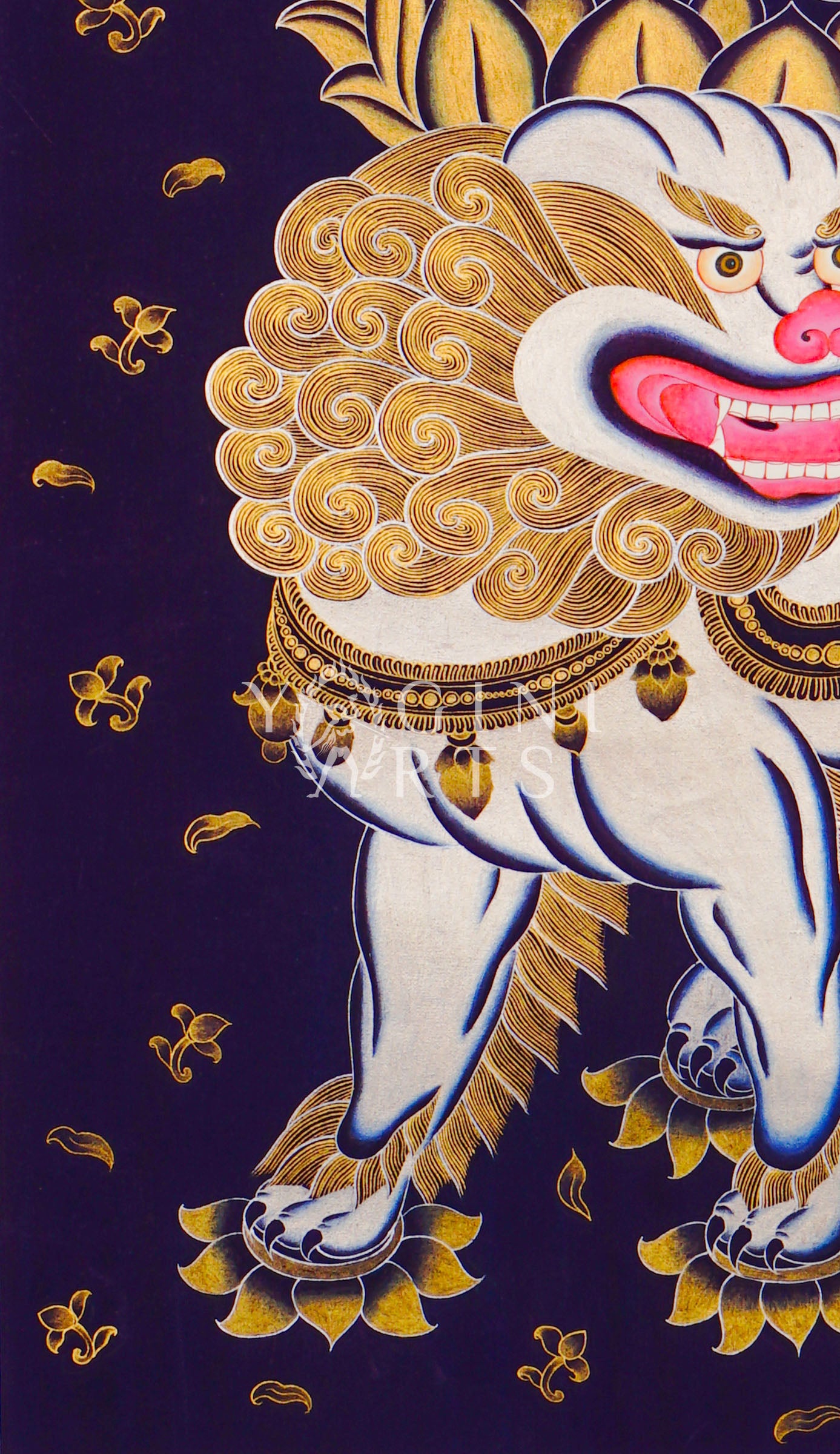 Hand-painted Manjushri on snow lion thangka in gold on black canvas featuring the Buddhist wisdom deity holding a flaming sword and lotus scripture