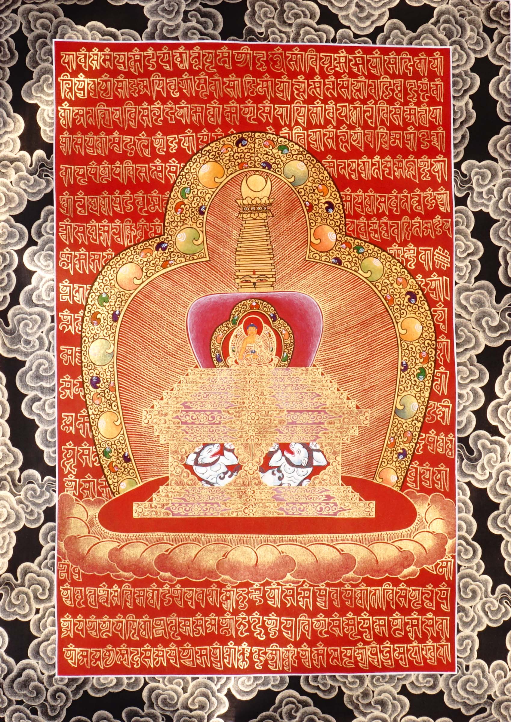 Hand-painted Tibetan Stupa Mandala Thangka with red background, golden sacred geometry, and central enlightenment stupa, traditional Nepalese Buddhist art.