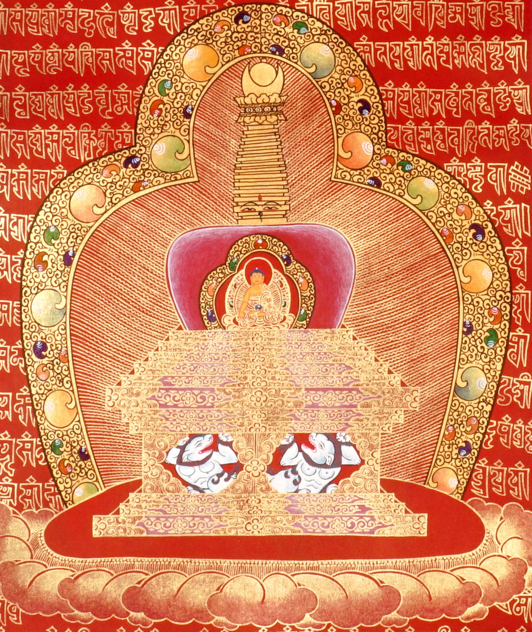 Hand-painted Tibetan Stupa Mandala Thangka with red background, golden sacred geometry, and central enlightenment stupa, traditional Nepalese Buddhist art.