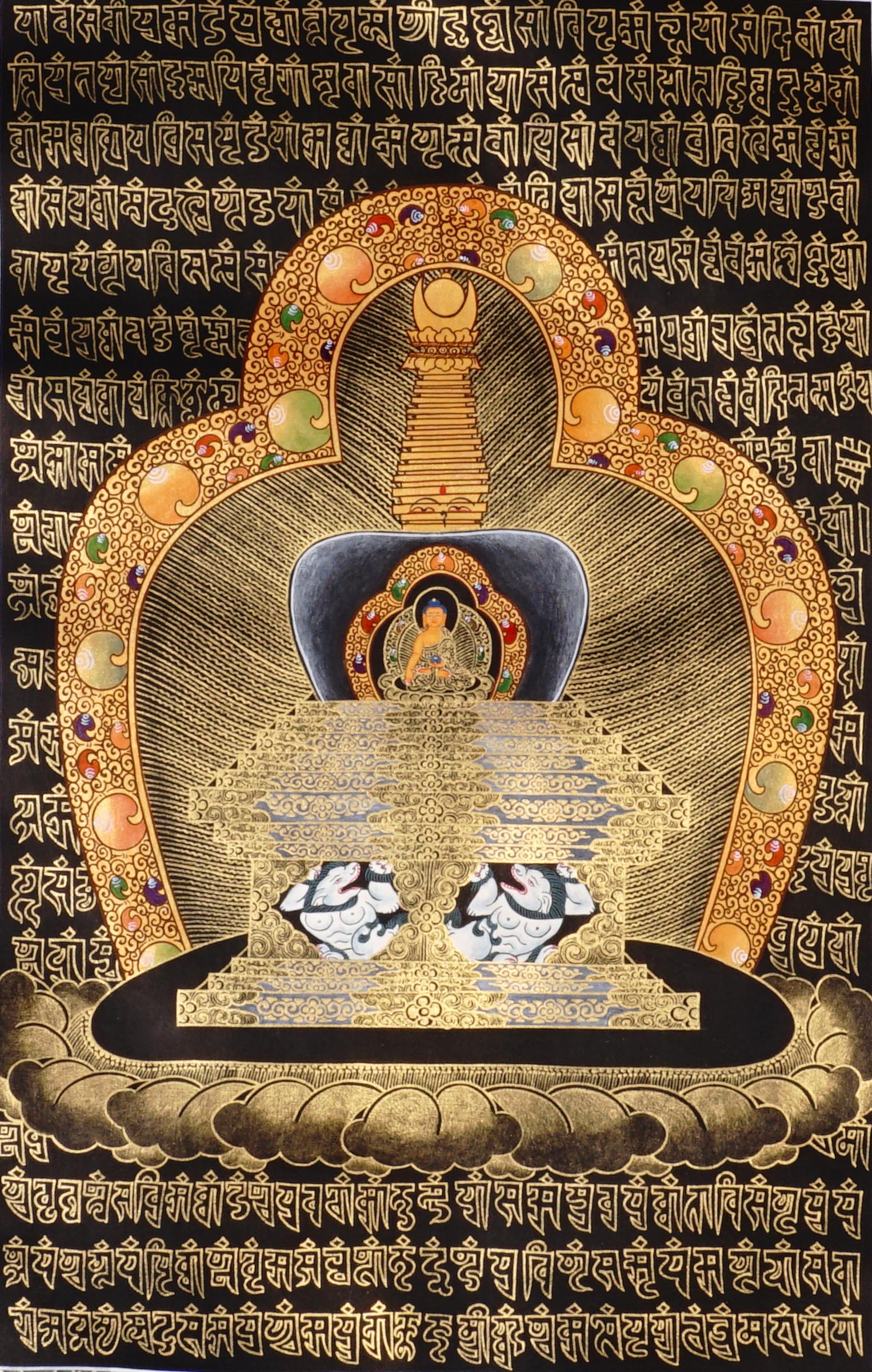 Hand-painted Tibetan Stupa Mandala thangka in gold on black background featuring sacred stupa with Buddha inside shrine niche and Tibetan mantra script border.