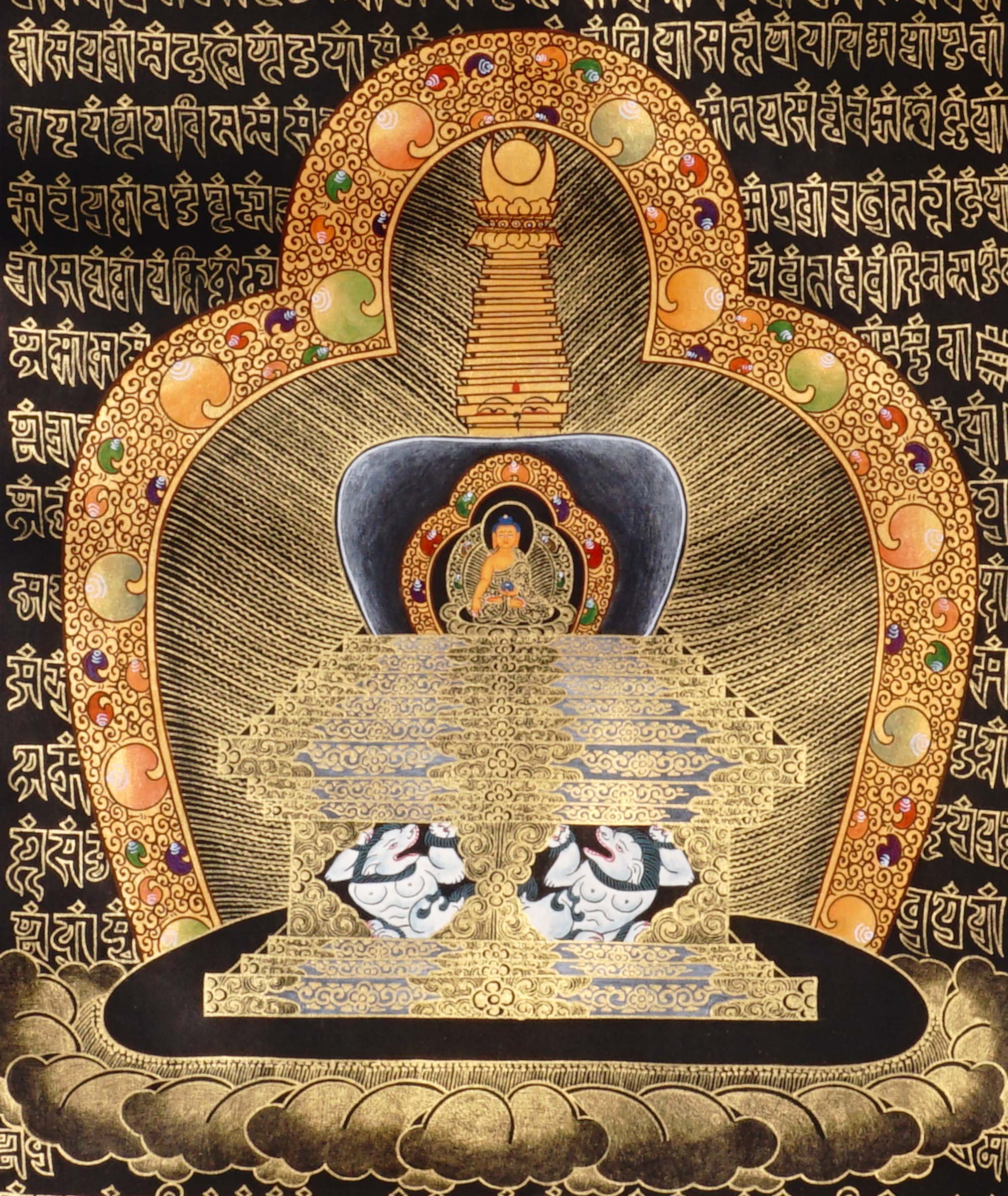Hand-painted Tibetan Stupa Mandala thangka in gold on black background featuring sacred stupa with Buddha inside shrine niche and Tibetan mantra script border.