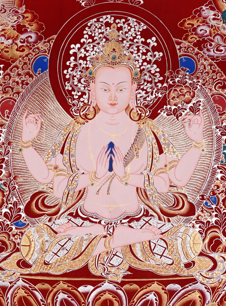 Hand-painted Chenrezig Avalokiteshvara thangka on red background with four arms holding lotus and mala with Amitabha Buddha above.