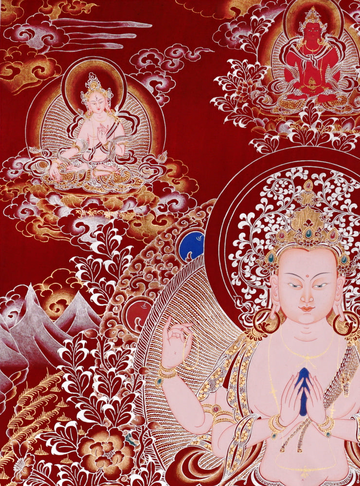 Hand-painted Chenrezig Avalokiteshvara thangka on red background with four arms holding lotus and mala with Amitabha Buddha above.