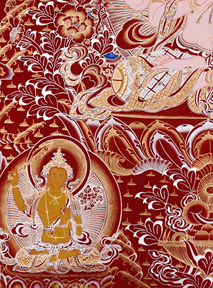 Hand-painted Chenrezig Avalokiteshvara thangka on red background with four arms holding lotus and mala with Amitabha Buddha above.