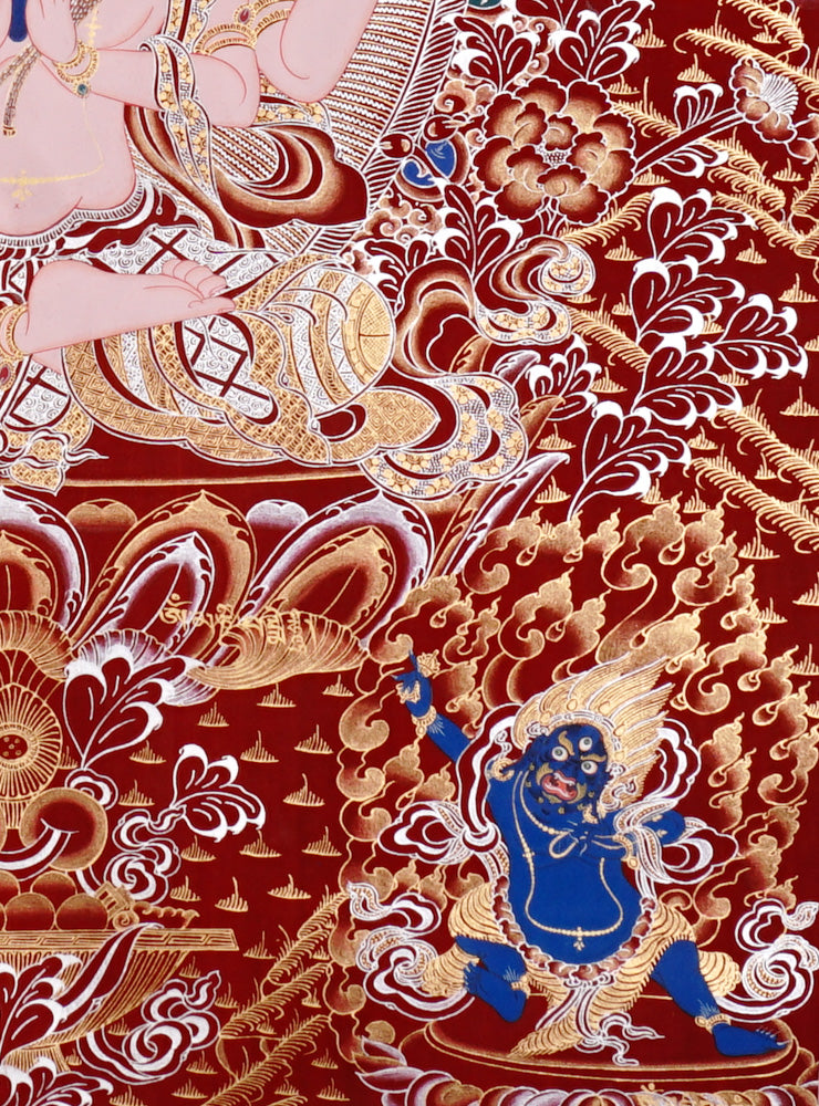 Hand-painted Chenrezig Avalokiteshvara thangka on red background with four arms holding lotus and mala with Amitabha Buddha above.