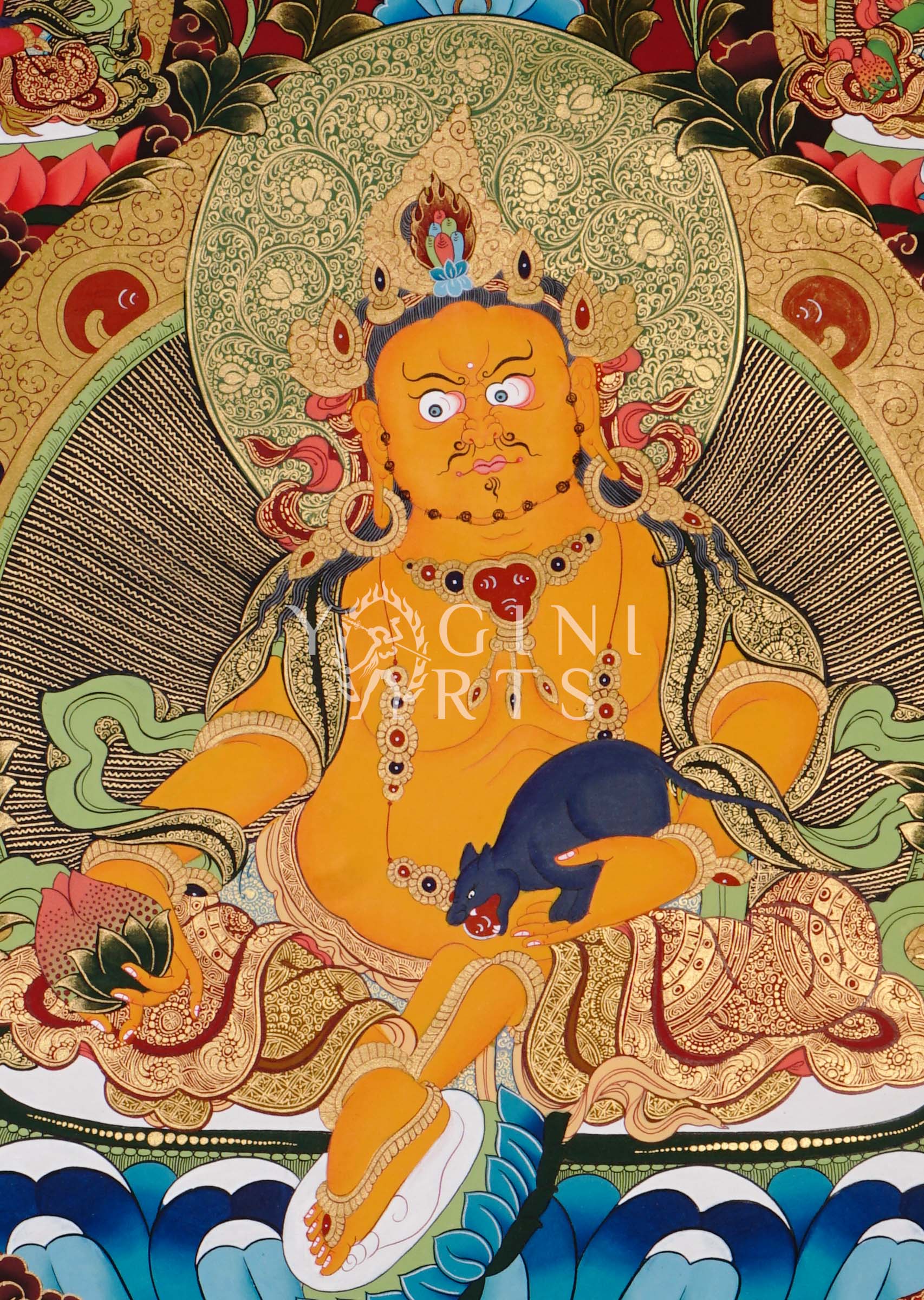 Yellow Zambhala thangka featuring the Buddhist wealth deity holding a jewel-spitting mongoose surrounded by sacred deities and ornate gold detailing on a red background