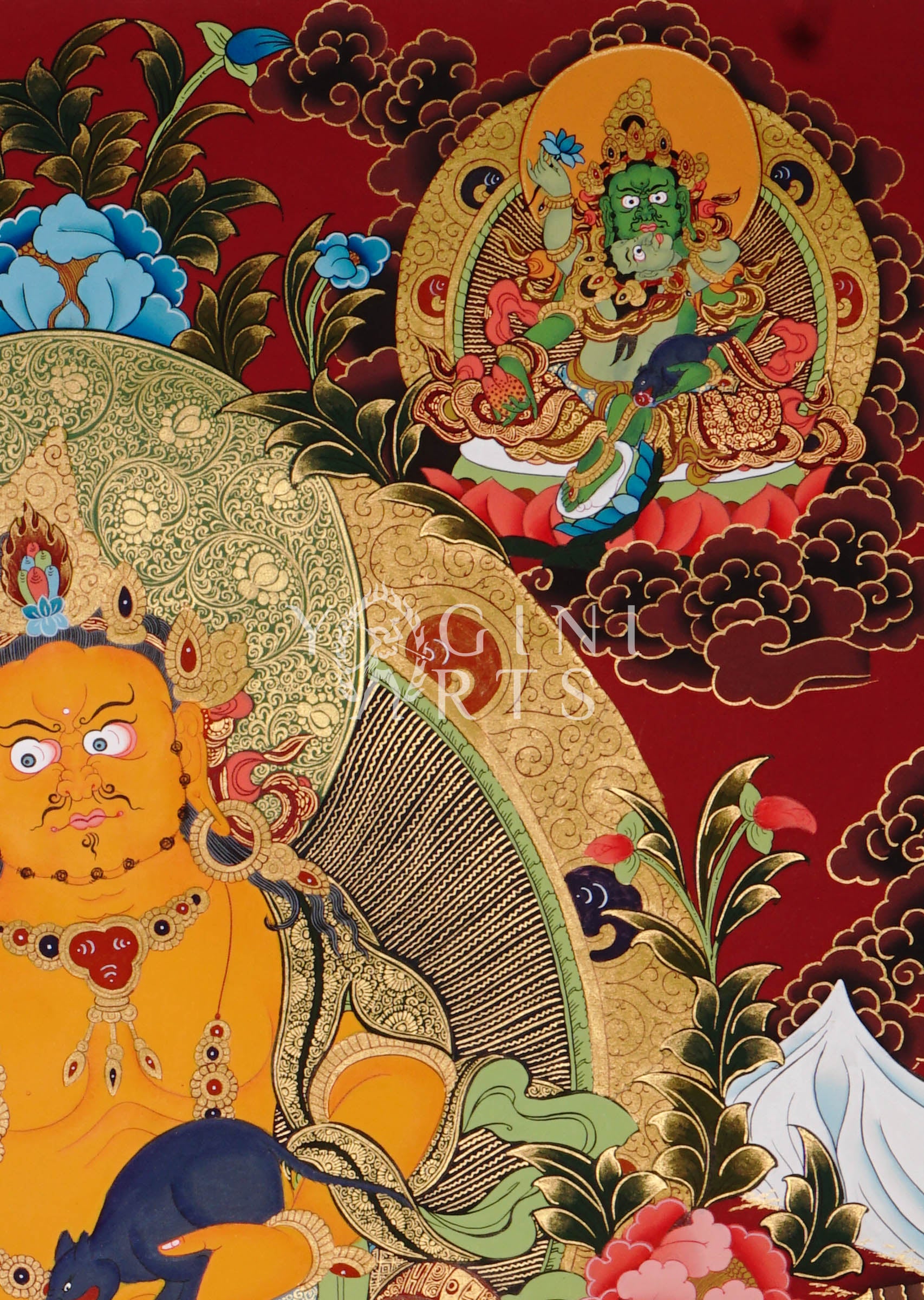 Yellow Zambhala thangka featuring the Buddhist wealth deity holding a jewel-spitting mongoose surrounded by sacred deities and ornate gold detailing on a red background