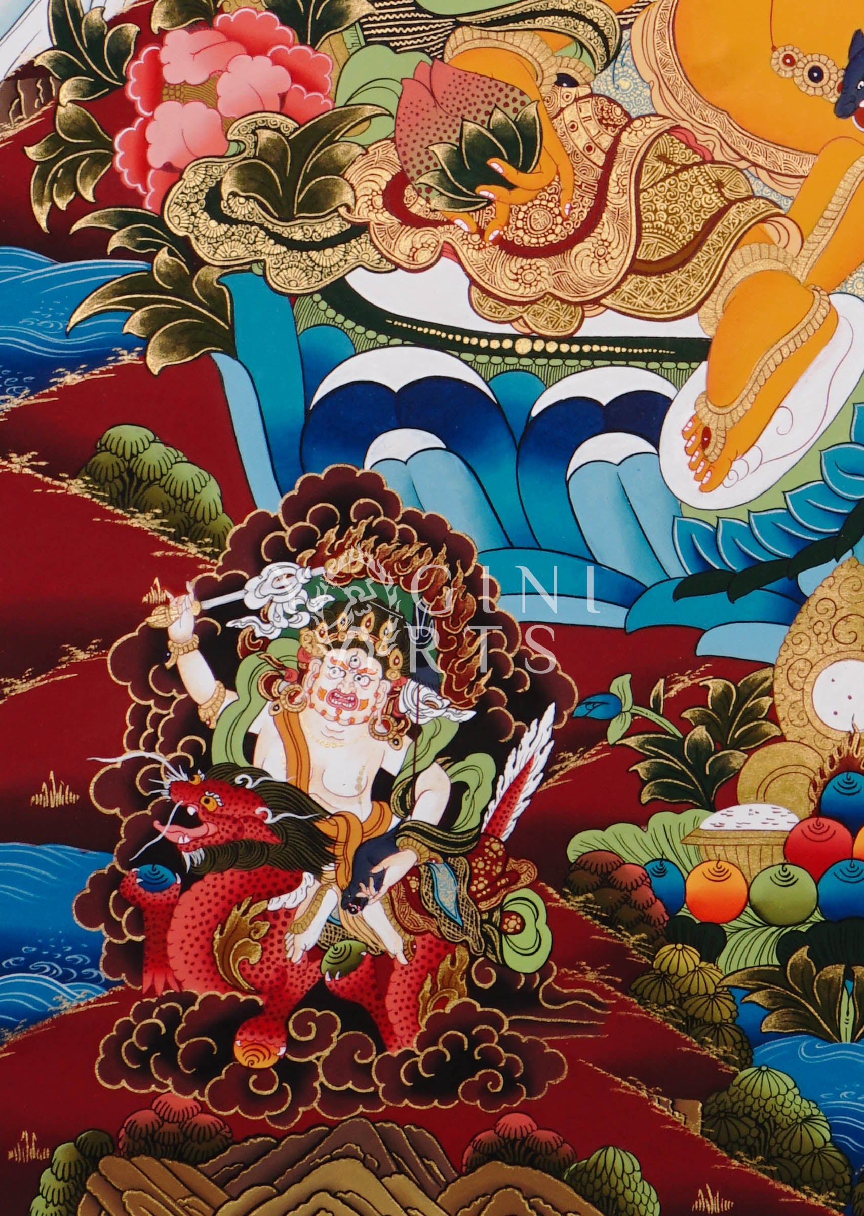 Yellow Zambhala thangka featuring the Buddhist wealth deity holding a jewel-spitting mongoose surrounded by sacred deities and ornate gold detailing on a red background