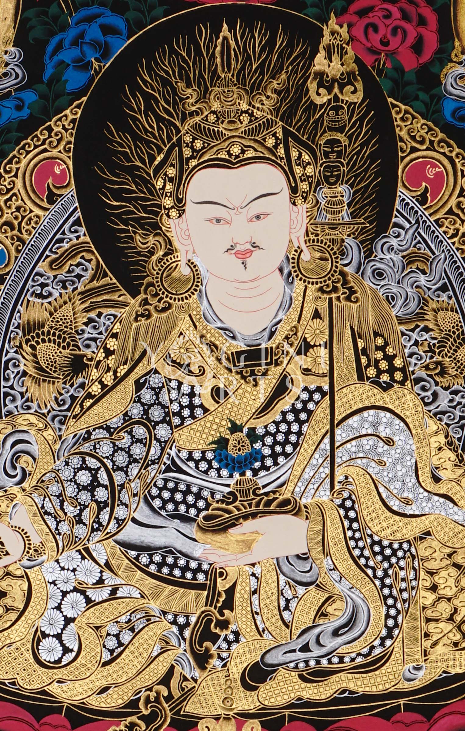 black and gold Guru Rinpoche thangka featuring Padmasambhava seated on a lotus throne surrounded by Buddhas, bodhisattvas