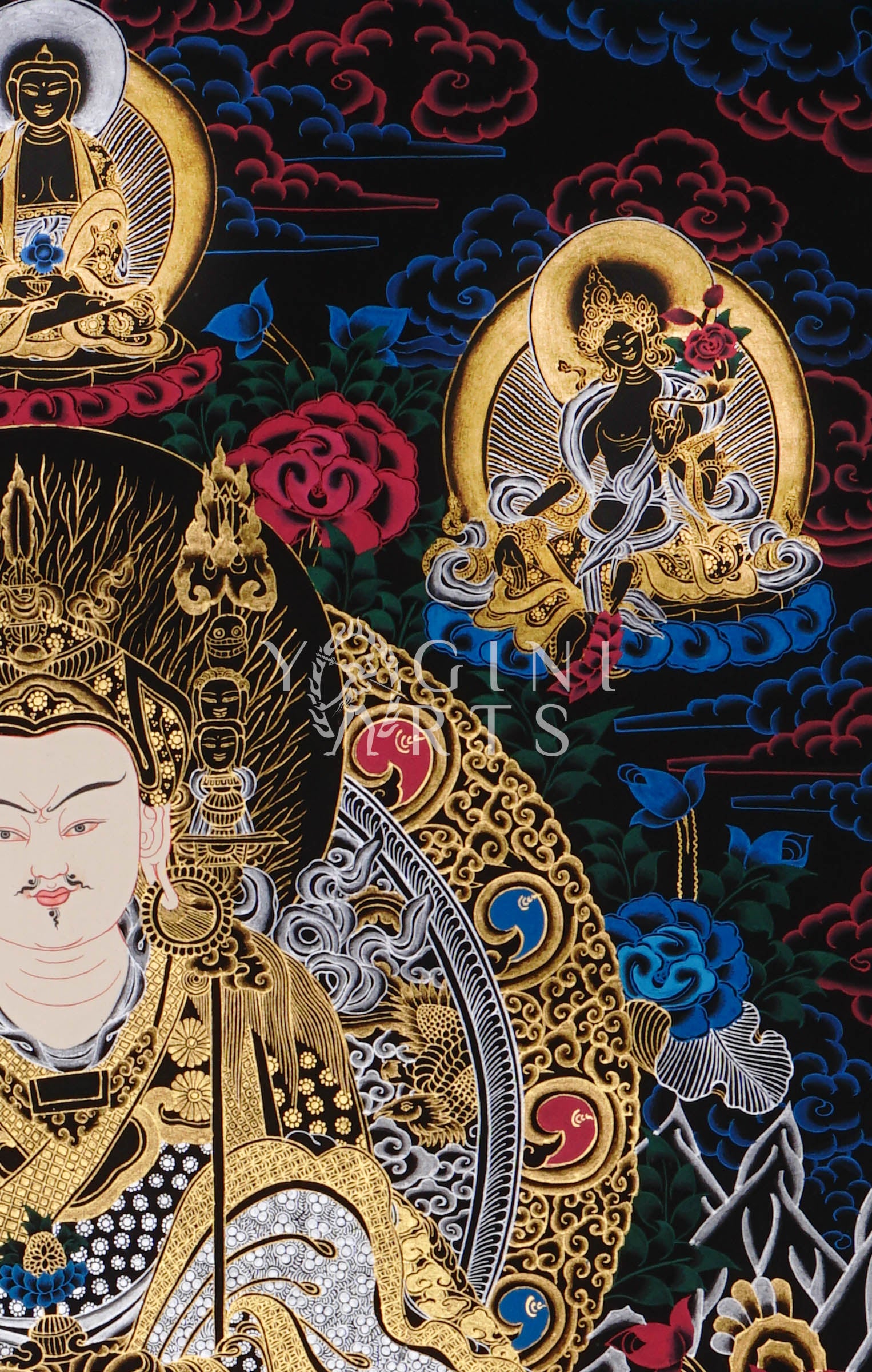 black and gold Guru Rinpoche thangka featuring Padmasambhava seated on a lotus throne surrounded by Buddhas, bodhisattvas