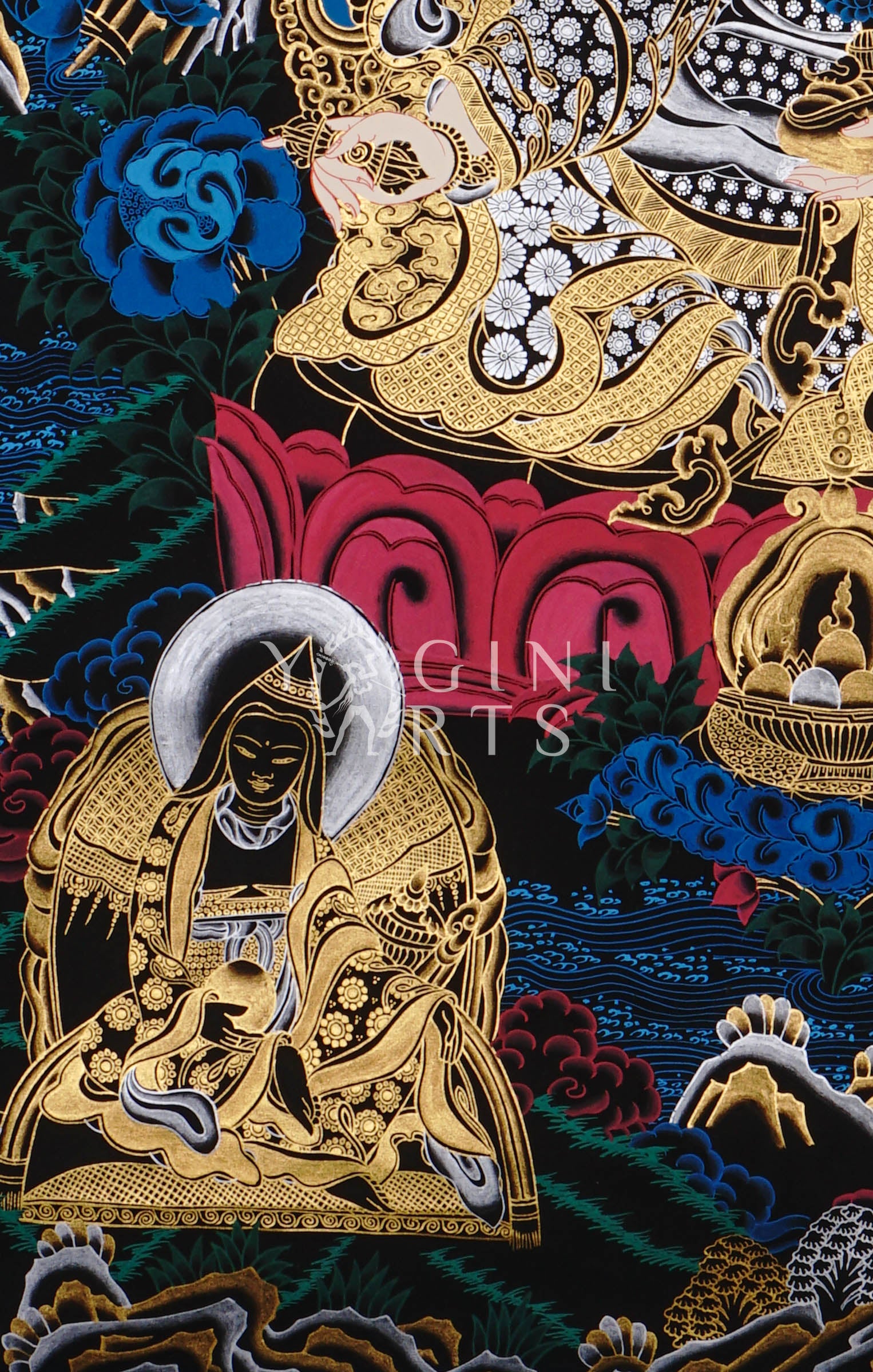 black and gold Guru Rinpoche thangka featuring Padmasambhava seated on a lotus throne surrounded by Buddhas, bodhisattvas