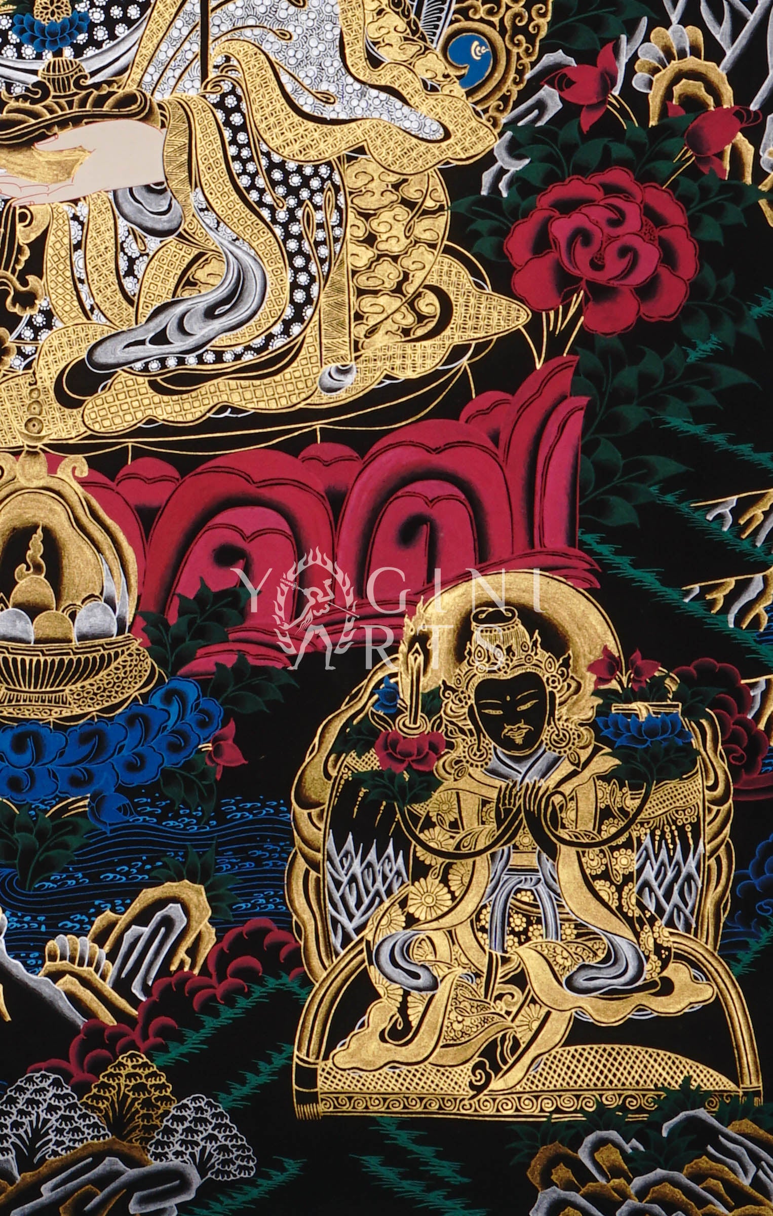 black and gold Guru Rinpoche thangka featuring Padmasambhava seated on a lotus throne surrounded by Buddhas, bodhisattvas