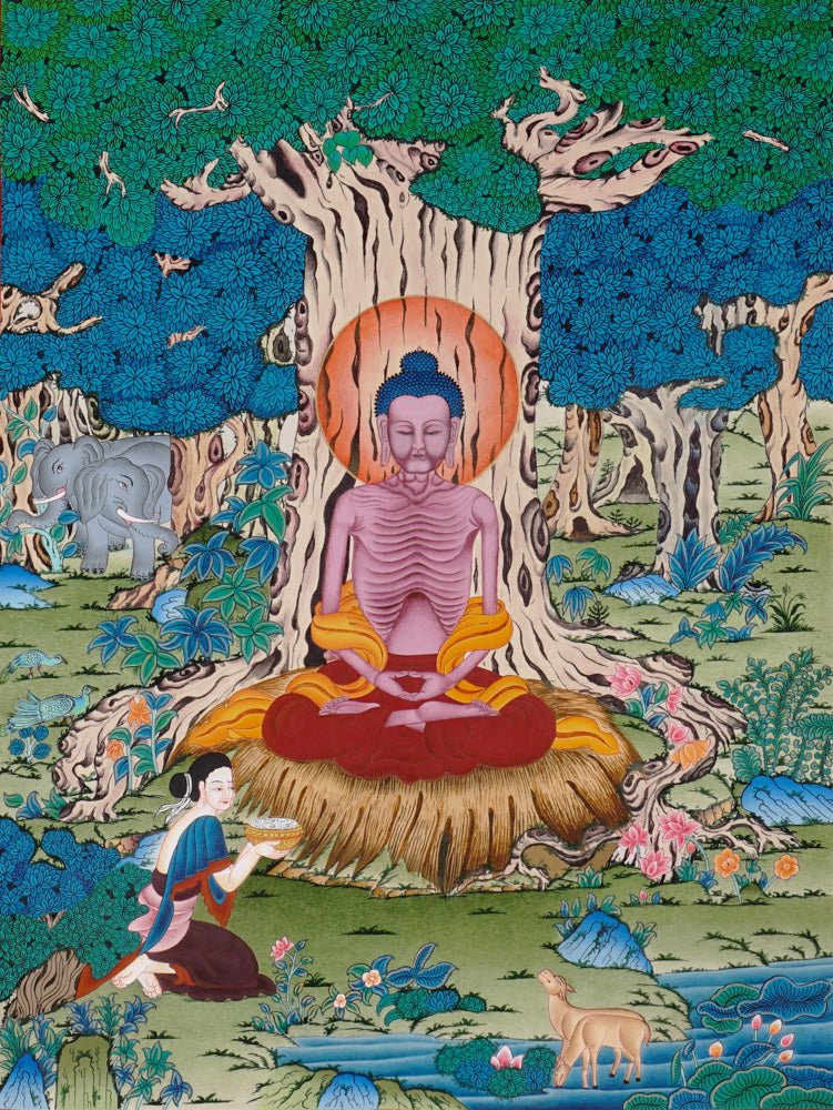 Hand-painted Shakyamuni Buddha meditation thangka showing Buddha meditating under the Bodhi tree surrounded by nature.