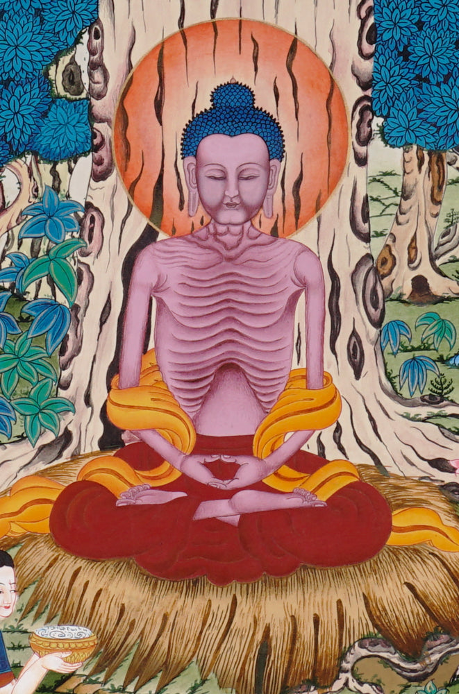 Hand-painted Shakyamuni Buddha meditation thangka showing Buddha meditating under the Bodhi tree surrounded by nature.