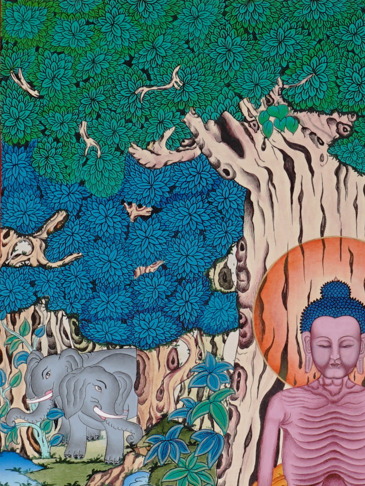 Hand-painted Shakyamuni Buddha meditation thangka showing Buddha meditating under the Bodhi tree surrounded by nature.