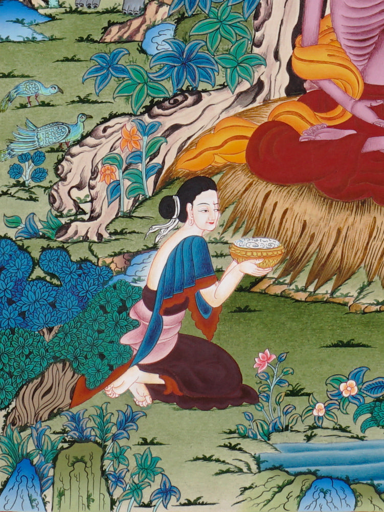 Hand-painted Shakyamuni Buddha meditation thangka showing Buddha meditating under the Bodhi tree surrounded by nature.