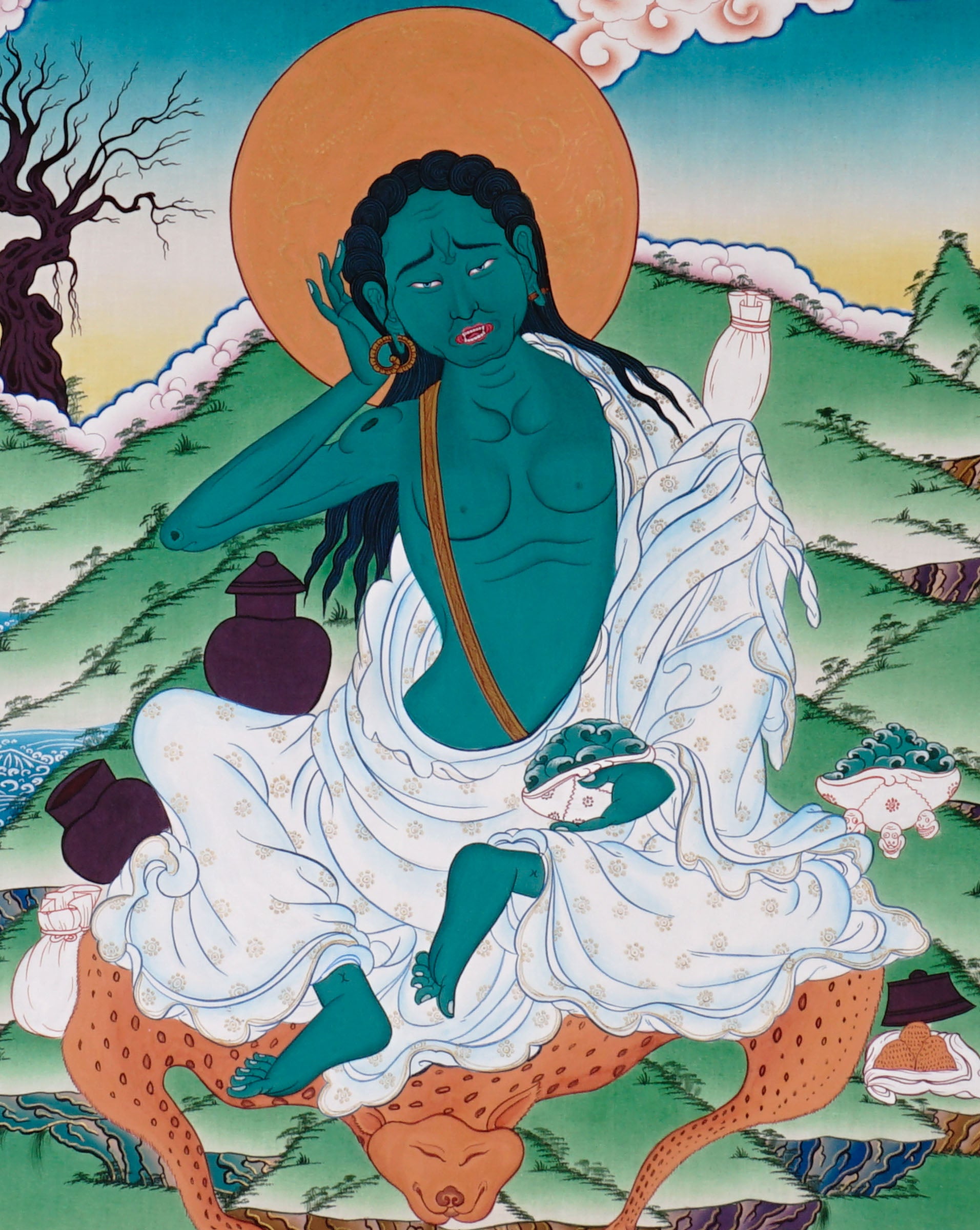 Milarepa thangka hand-painted Tibetan Buddhist yogi seated on deer skin in listening posture Himalayan landscape