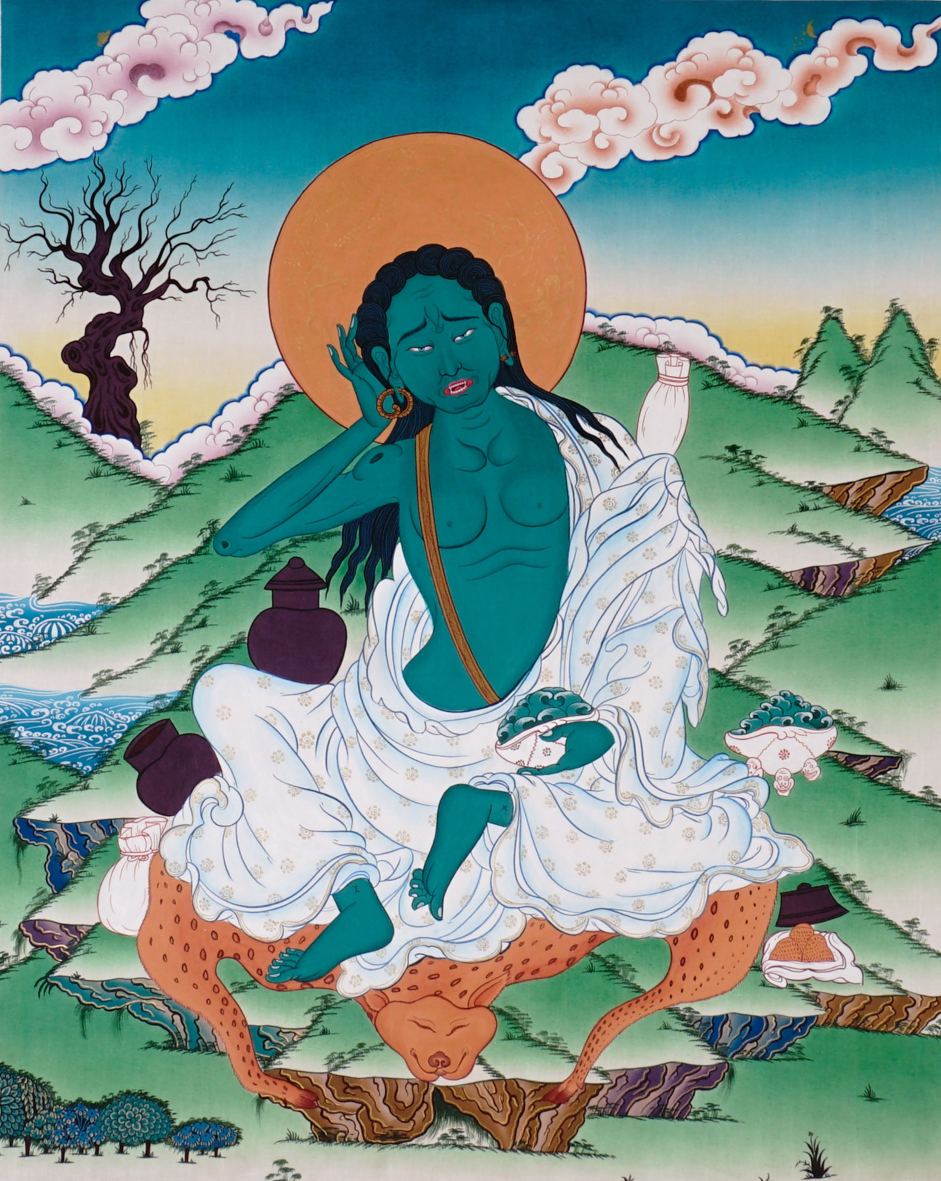 Milarepa thangka hand-painted Tibetan Buddhist yogi seated on deer skin in listening posture Himalayan landscape