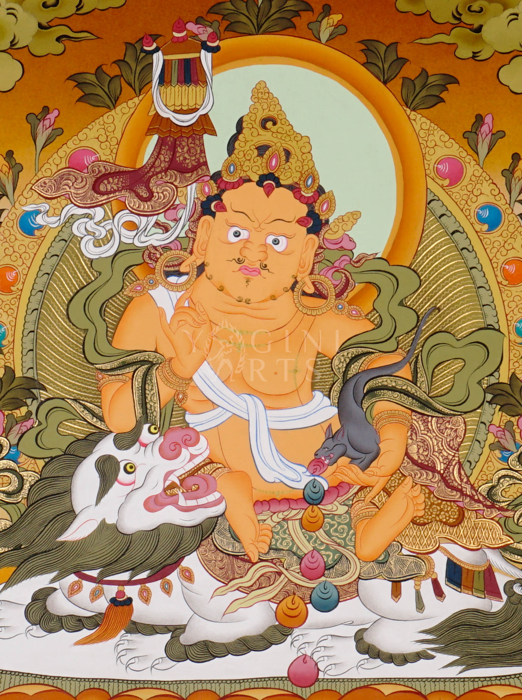 Singh Zambhala thangka depicting the Buddhist wealth deity riding a snow lion and holding a mongoose releasing jewels.