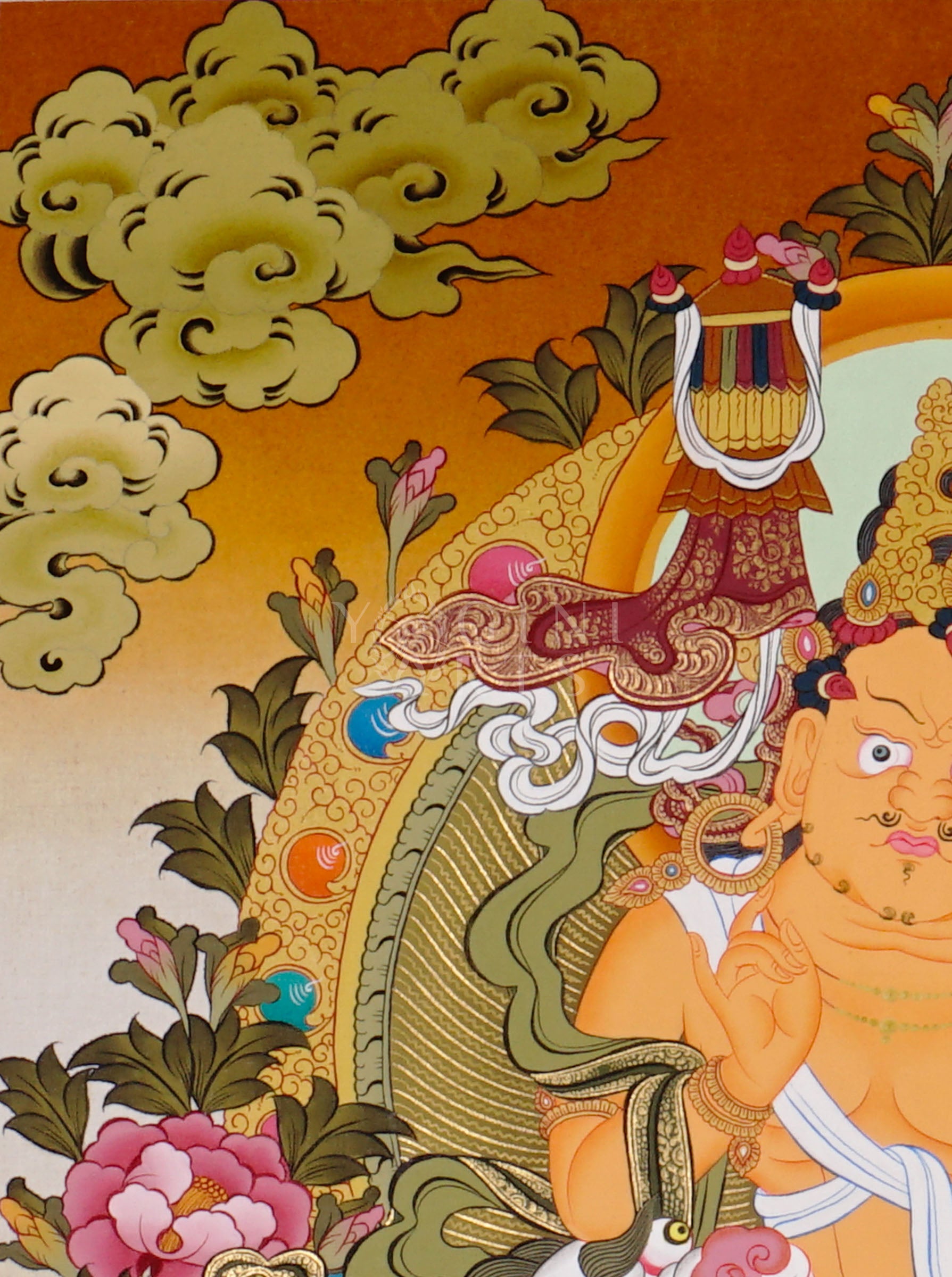 Singh Zambhala thangka depicting the Buddhist wealth deity riding a snow lion and holding a mongoose releasing jewels.