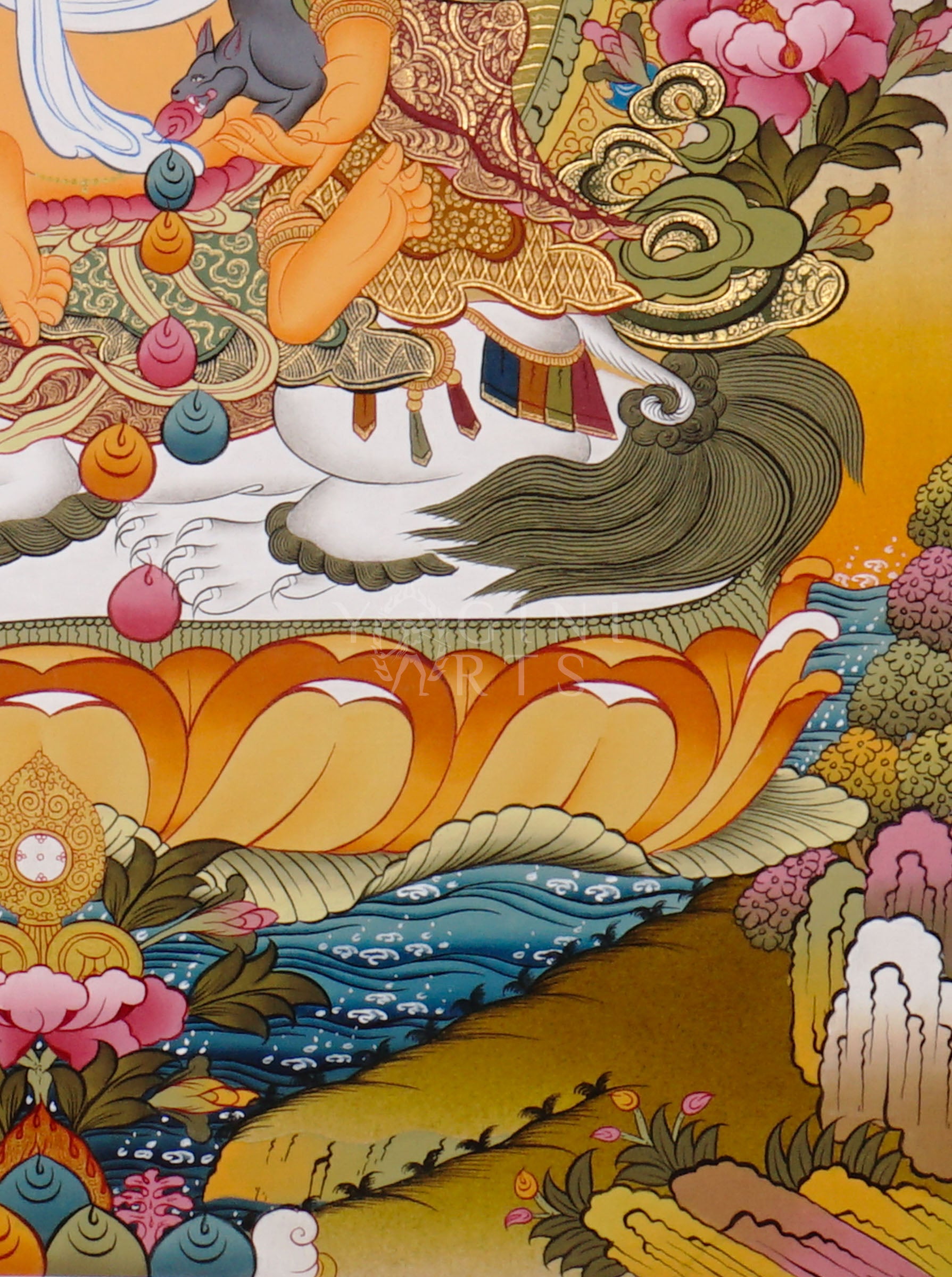 Singh Zambhala thangka depicting the Buddhist wealth deity riding a snow lion and holding a mongoose releasing jewels.